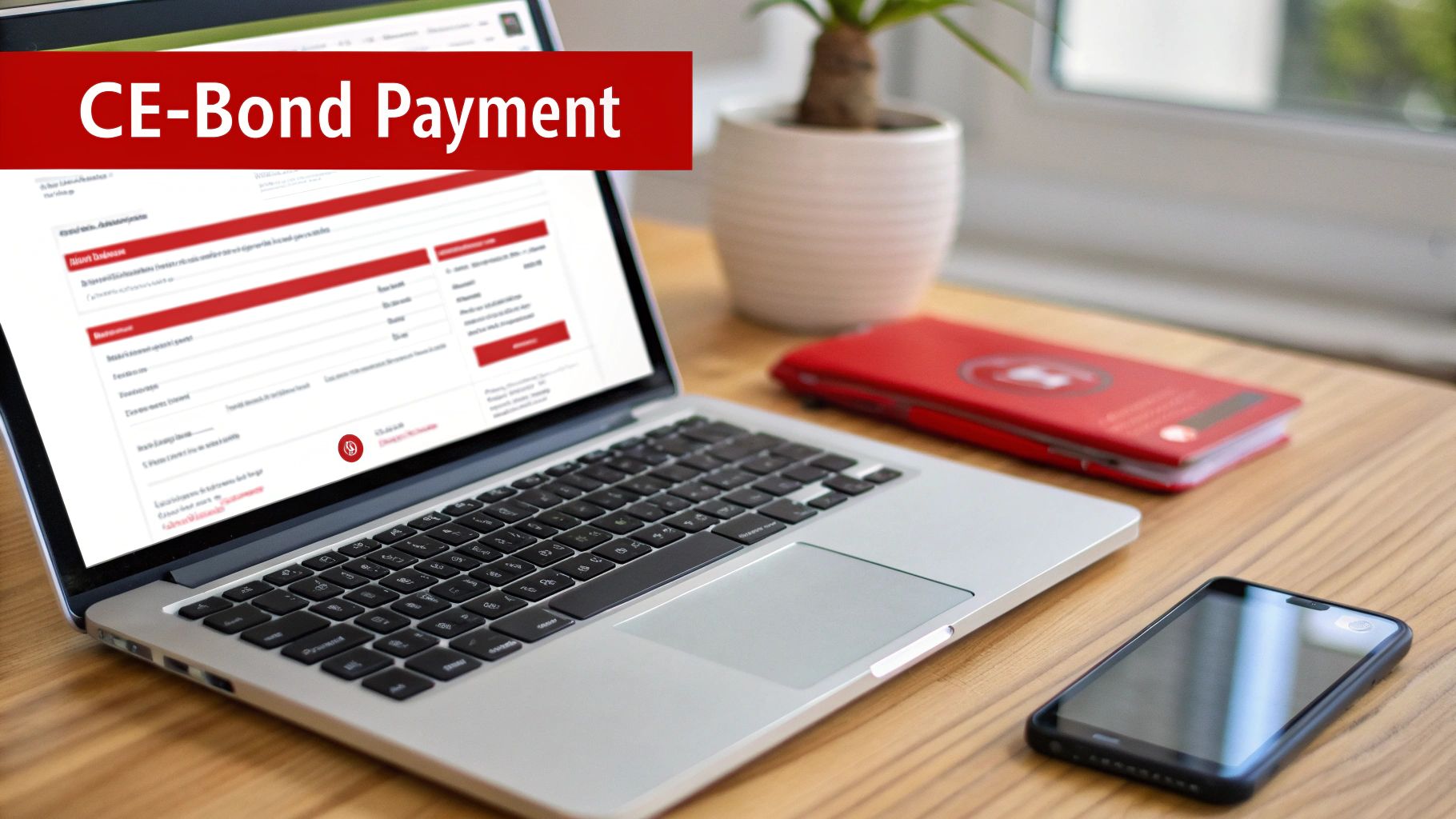 A laptop displaying a CE-Bond Payment screen on a wooden desk with a smartphone and a red notebook.