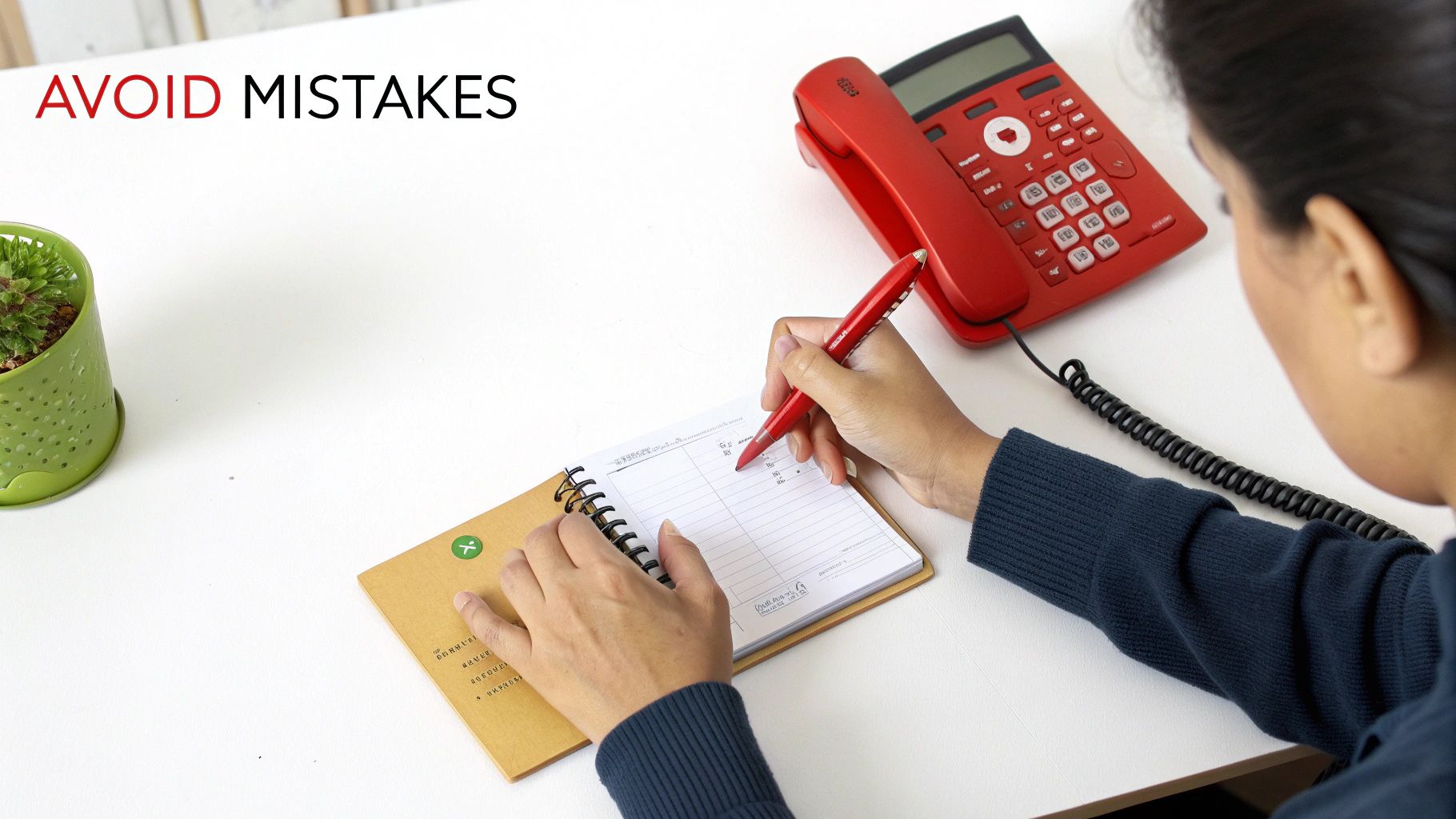 A person takes notes in a spiral notebook with a red pen next to a red landline phone, promoting 'AVOID MISTAKES'.