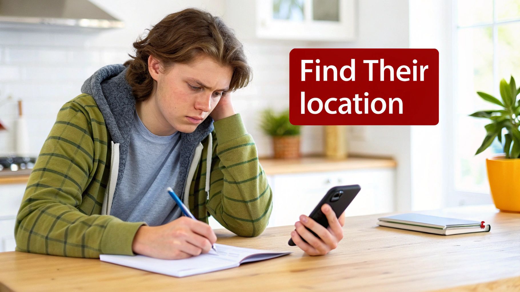 A young man studies at a table, writing in a notebook and holding a smartphone, with "Find Their location" text.