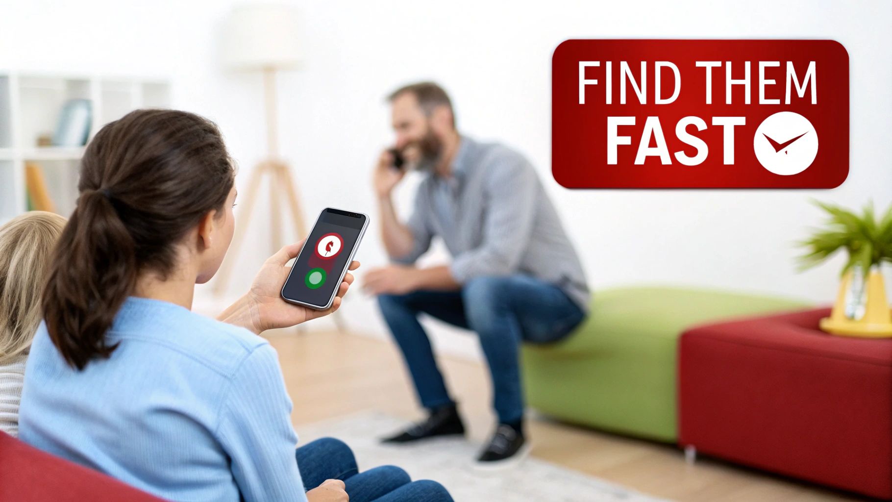 Woman holds smartphone with a finding alert, man talks on phone, 'FIND THEM FAST' sign visible.