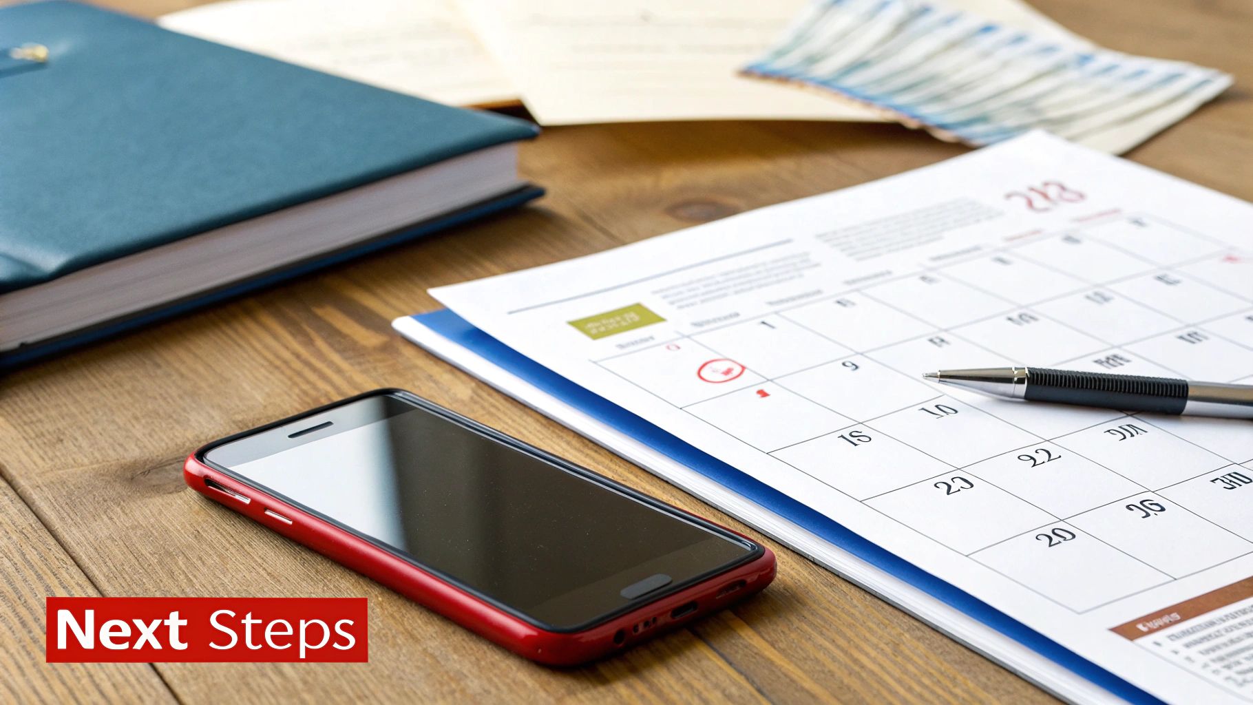 Desk setup with a phone, calendar, and pen, highlighting important next steps and planning.