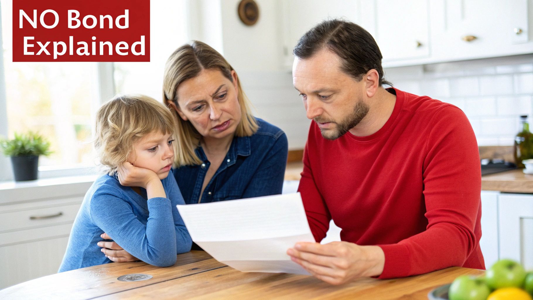 A worried family, including a man, woman, and child, reads a document with 'NO Bond Explained' text.