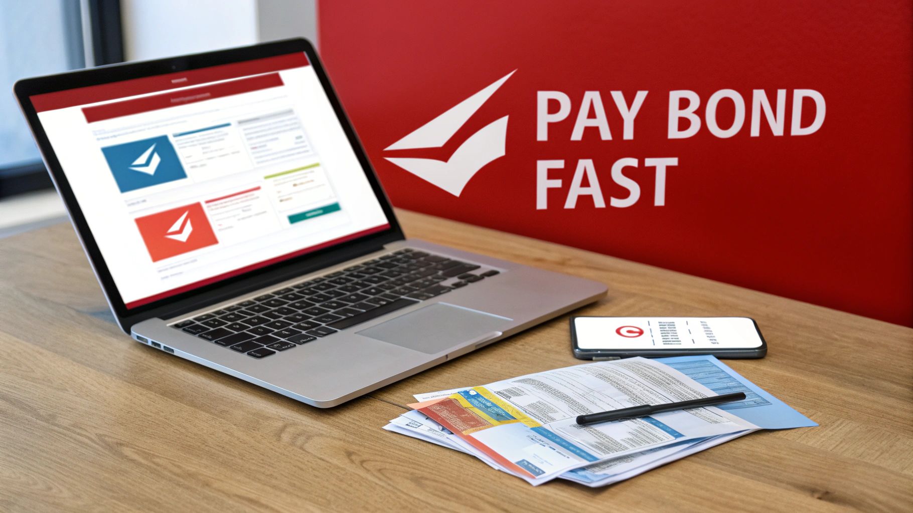 Laptop displaying online bond payment interface, documents, and smartphone on a wooden desk with 'PAY BOND FAST' sign.