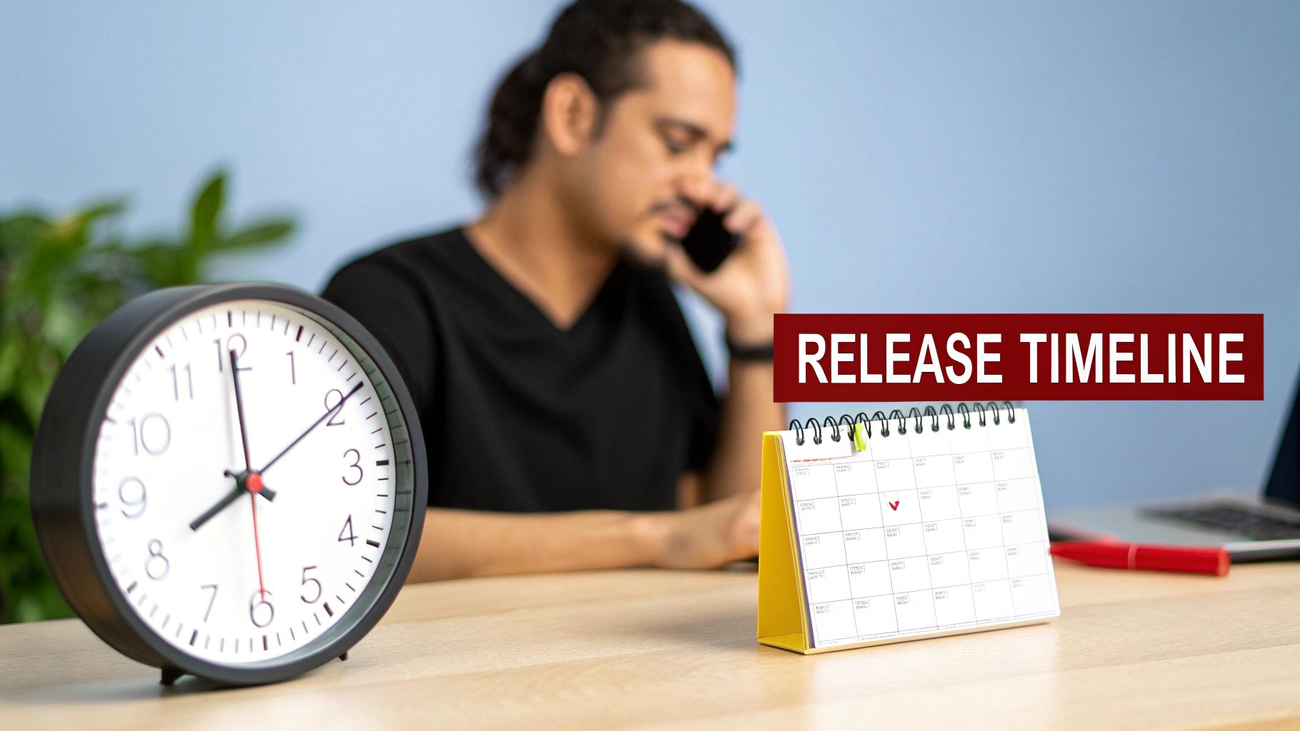 A man on the phone with a clock, calendar, and 'RELEASE TIMELINE' text, depicting project planning.