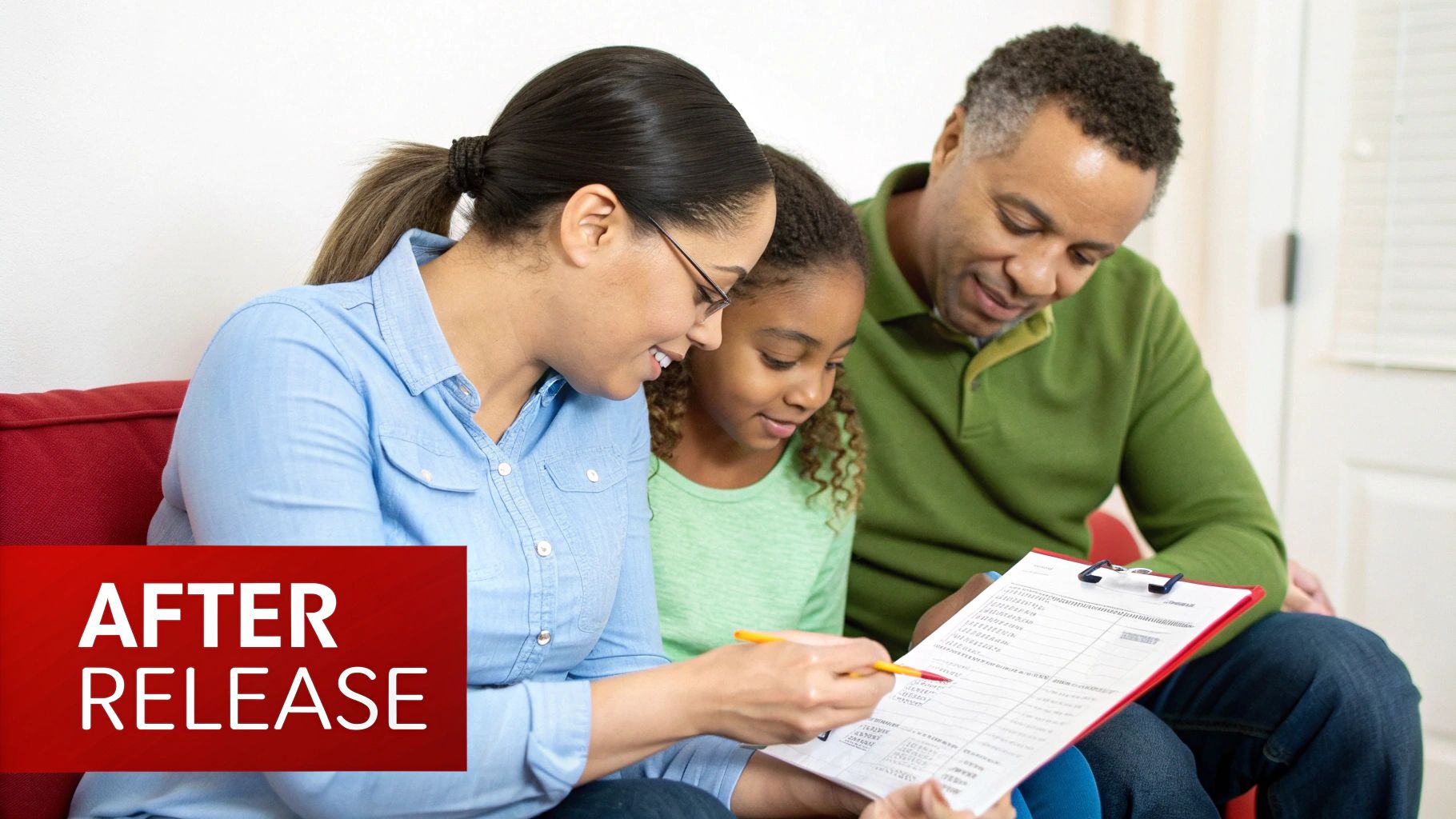 A family, including a mother, father, and daughter, reviewing documents on a clipboard together.