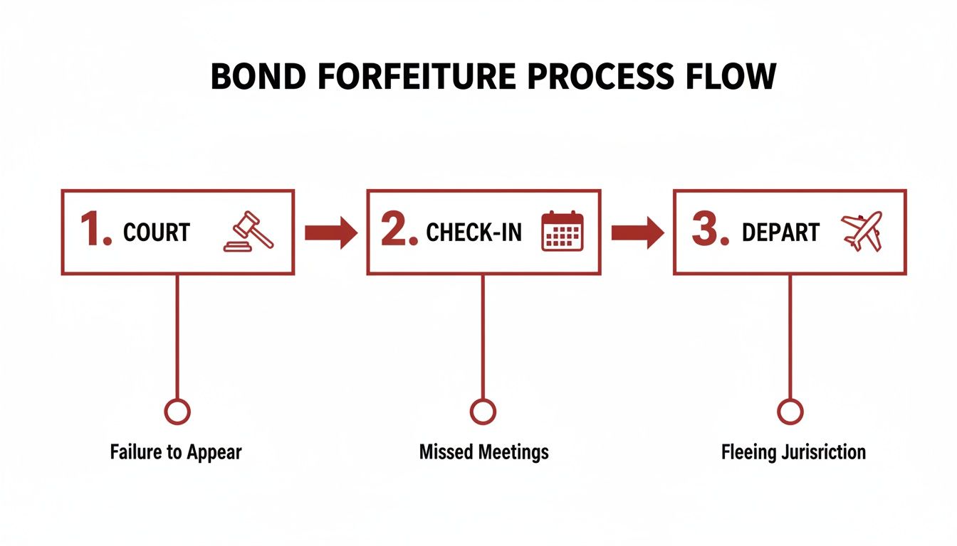 A process flow diagram detailing bond forfeiture triggers: failure to appear, missed meetings, fleeing jurisdiction.