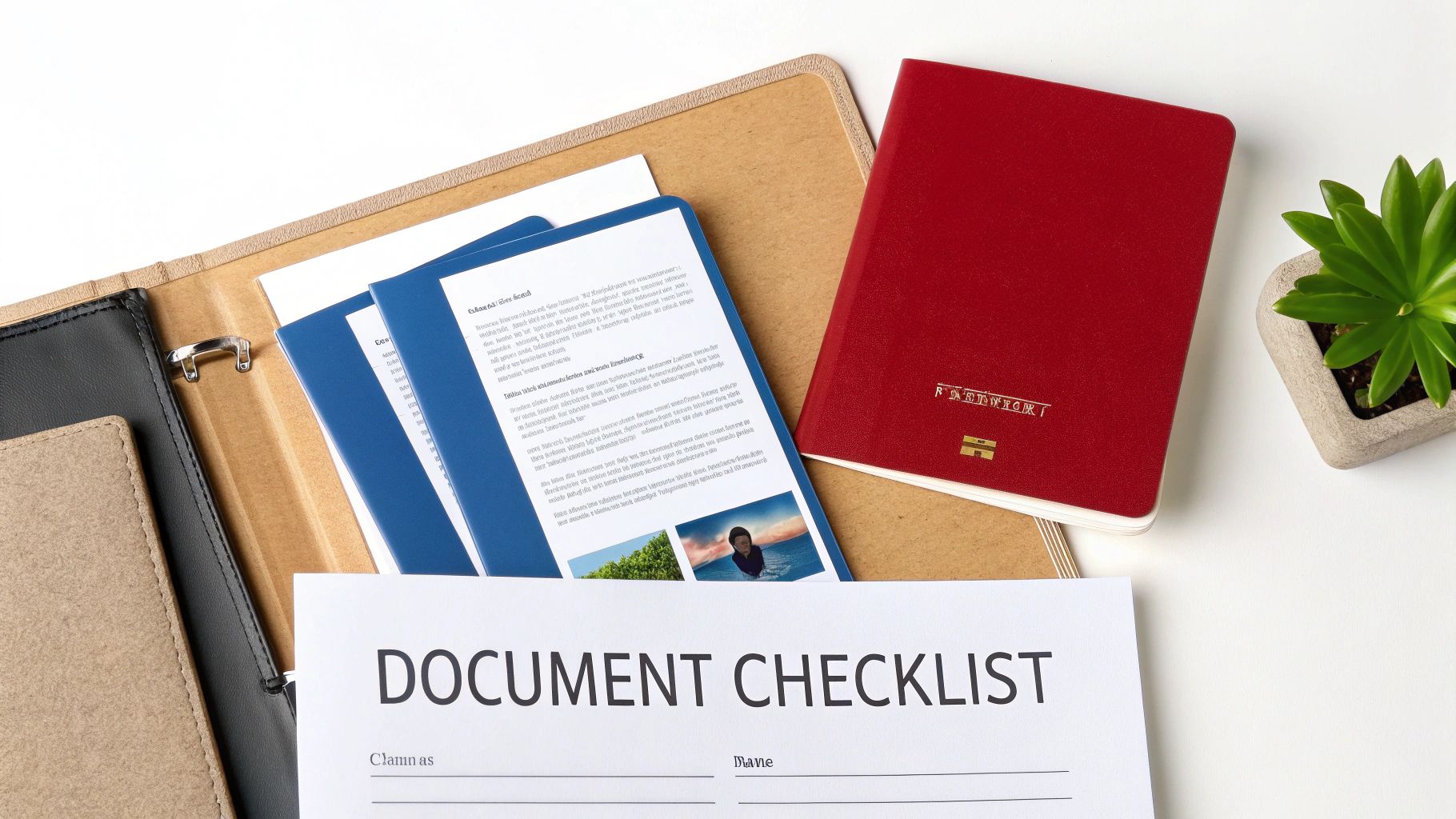 A flat lay of a document checklist, blue files, a red notebook, and a plant on a white desk, suggesting organization.