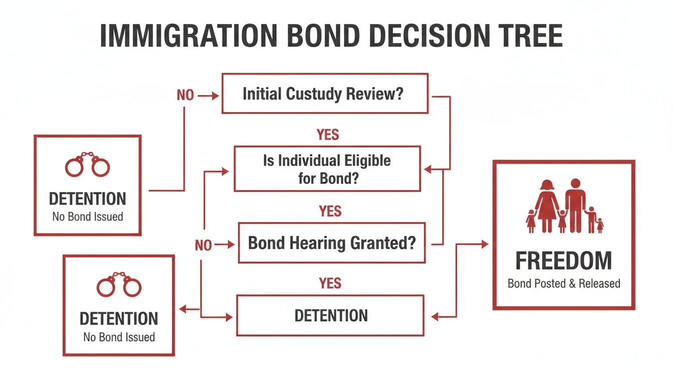 Flowchart illustrating the immigration bond decision process, leading to detention or freedom.