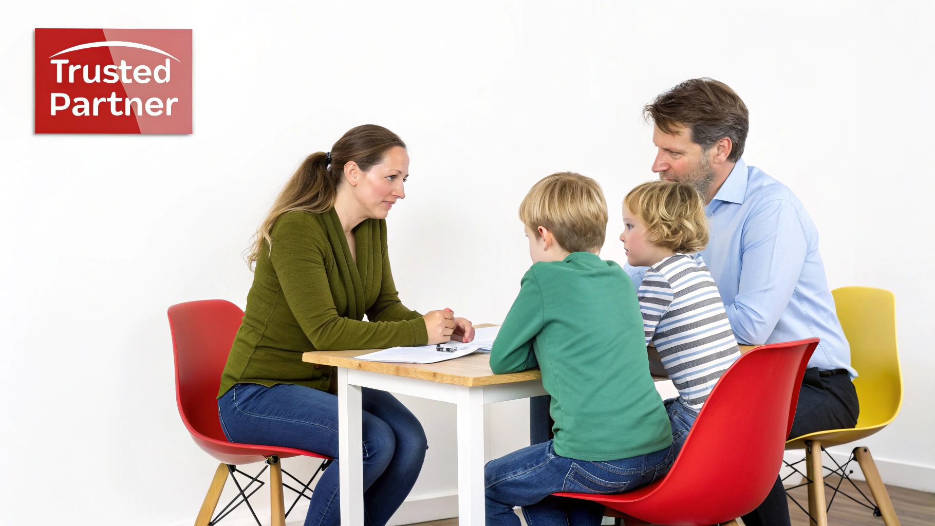 A female consultant sits at a table discussing with a family including a man and two young boys.