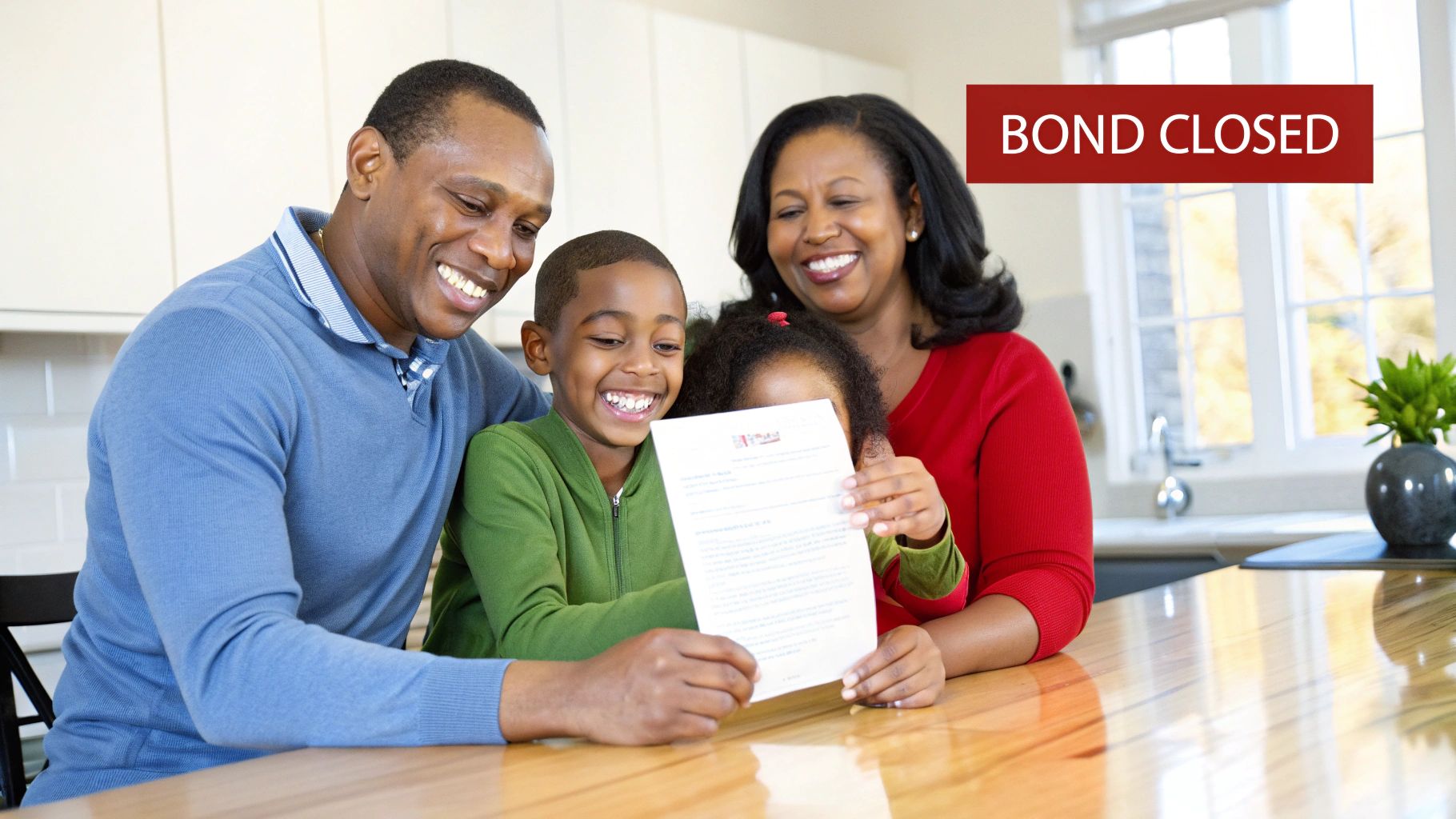 A happy Black family celebrating with a document and a 'BOND CLOSED' banner.