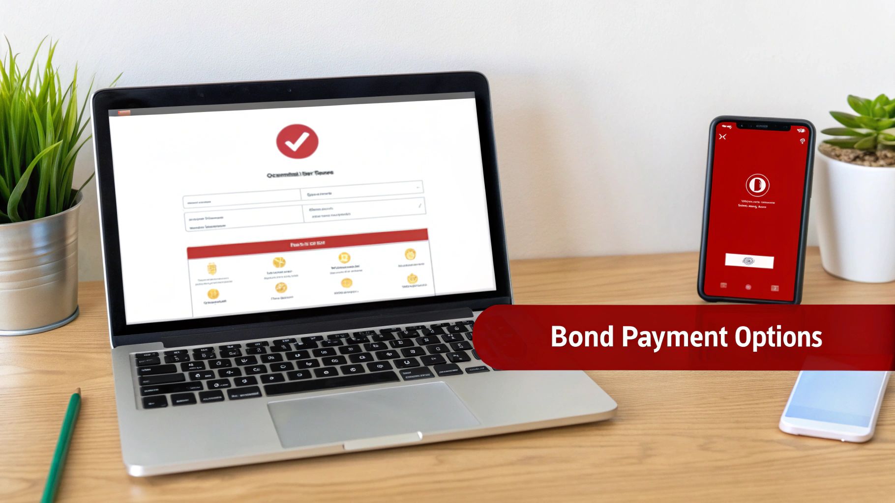 Laptop and smartphone on a wooden desk displaying an application for bond payment options.