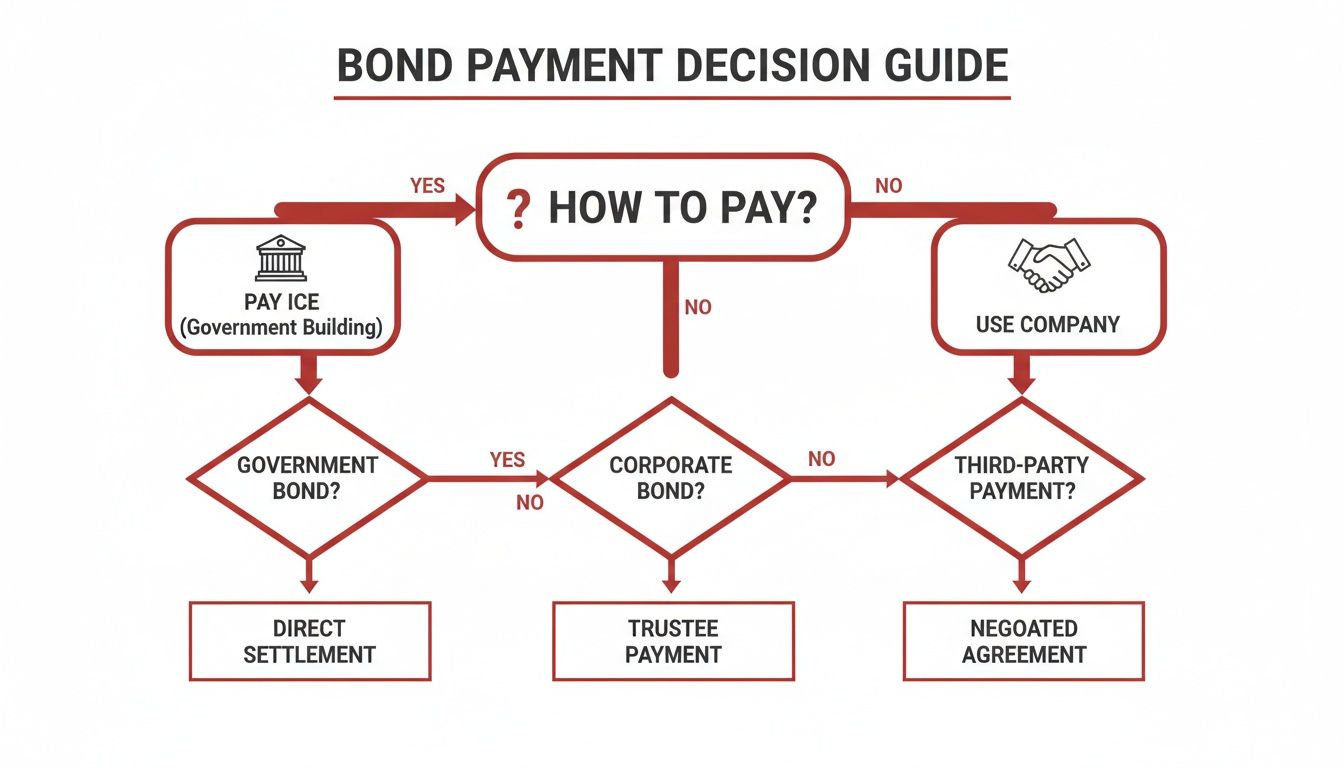 A flowchart titled 'Bond Payment Decision Guide' illustrating options for government,corporateand third-party bond payments.