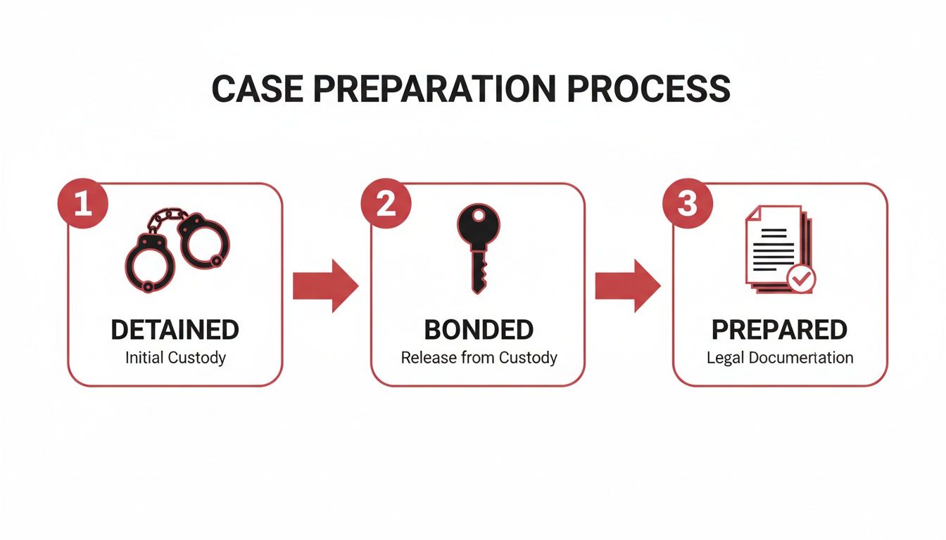 Flowchart illustrating the case preparation process from initial custody and release to legal documentation.