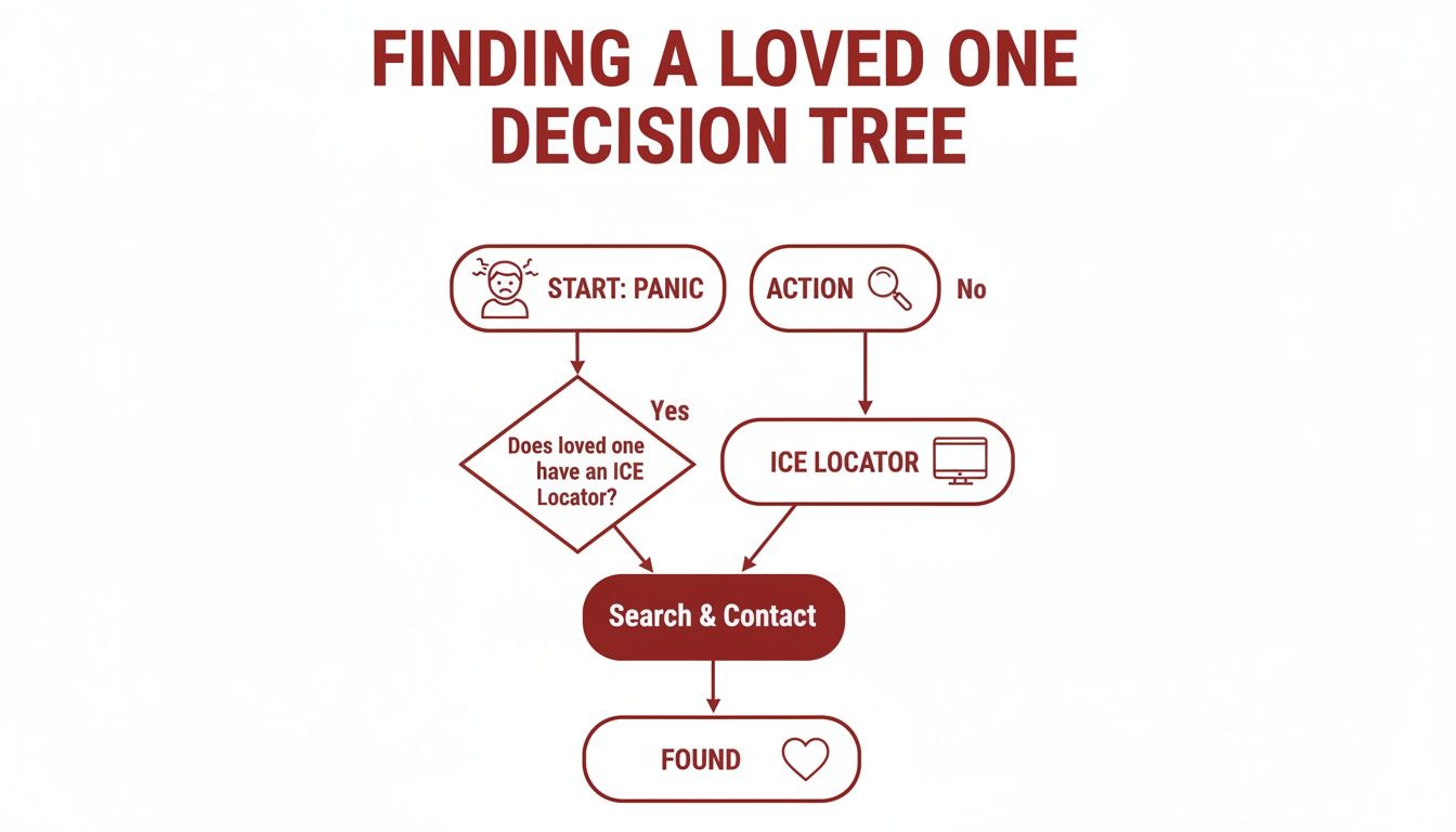 A flowchart titled 'Finding A Loved One Decision Tree' illustrates steps to locate someone, including an ICE Locator option.