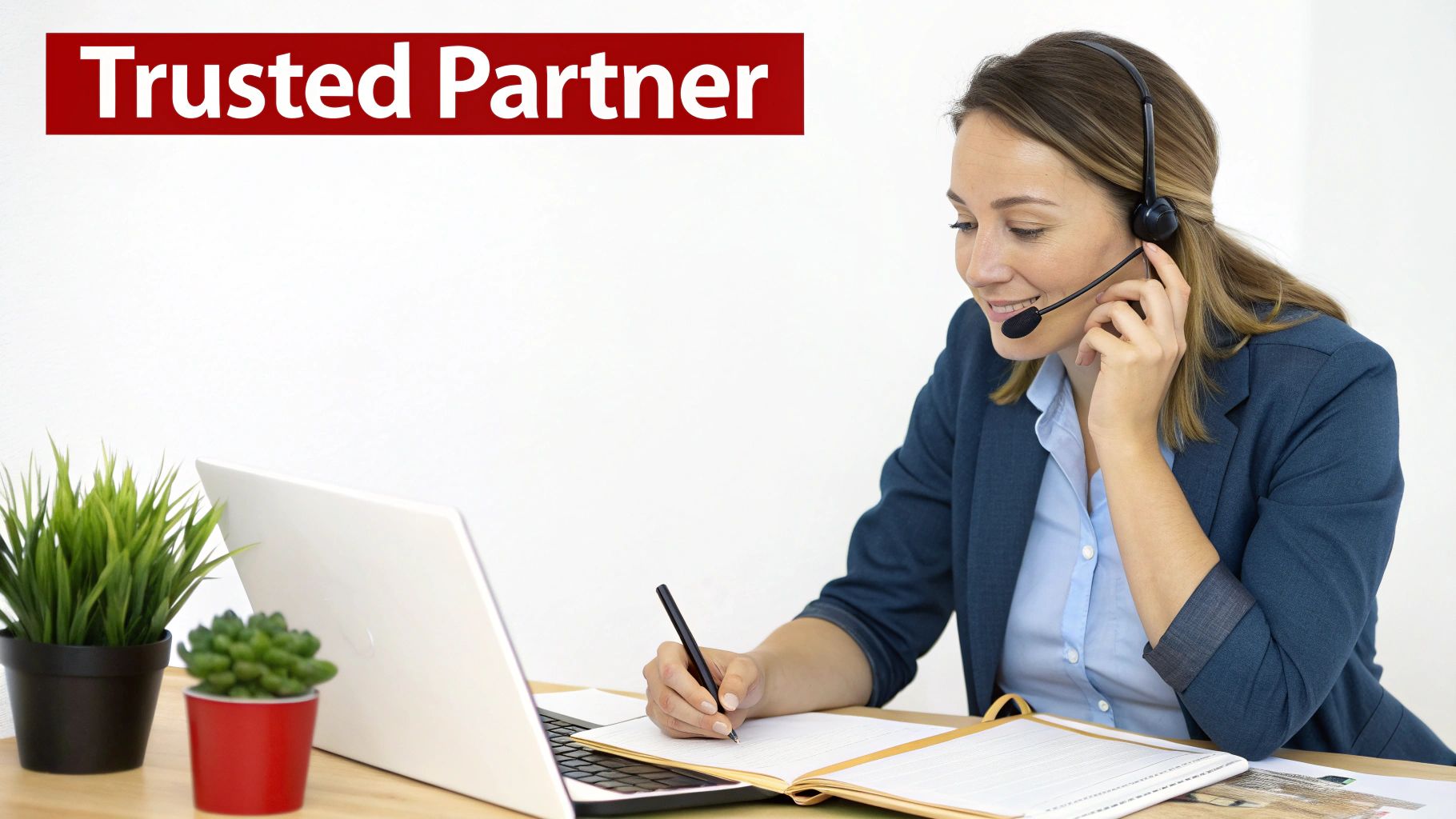 A smiling woman wearing a headset works at a desk with a laptop, writing in a notebook. Text: Trusted Partner.