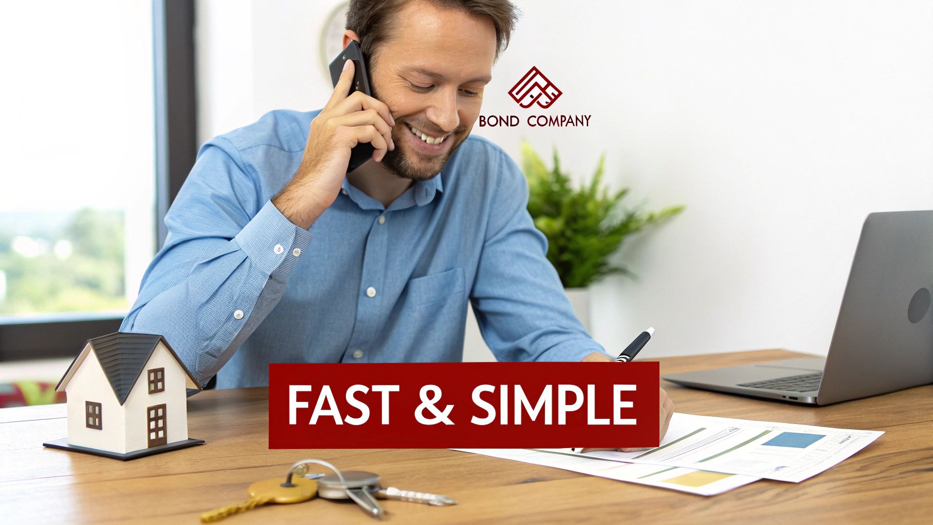 A smiling man on the phone at a desk with a model housekeysand documentswith 'FAST & SIMPLE' text.