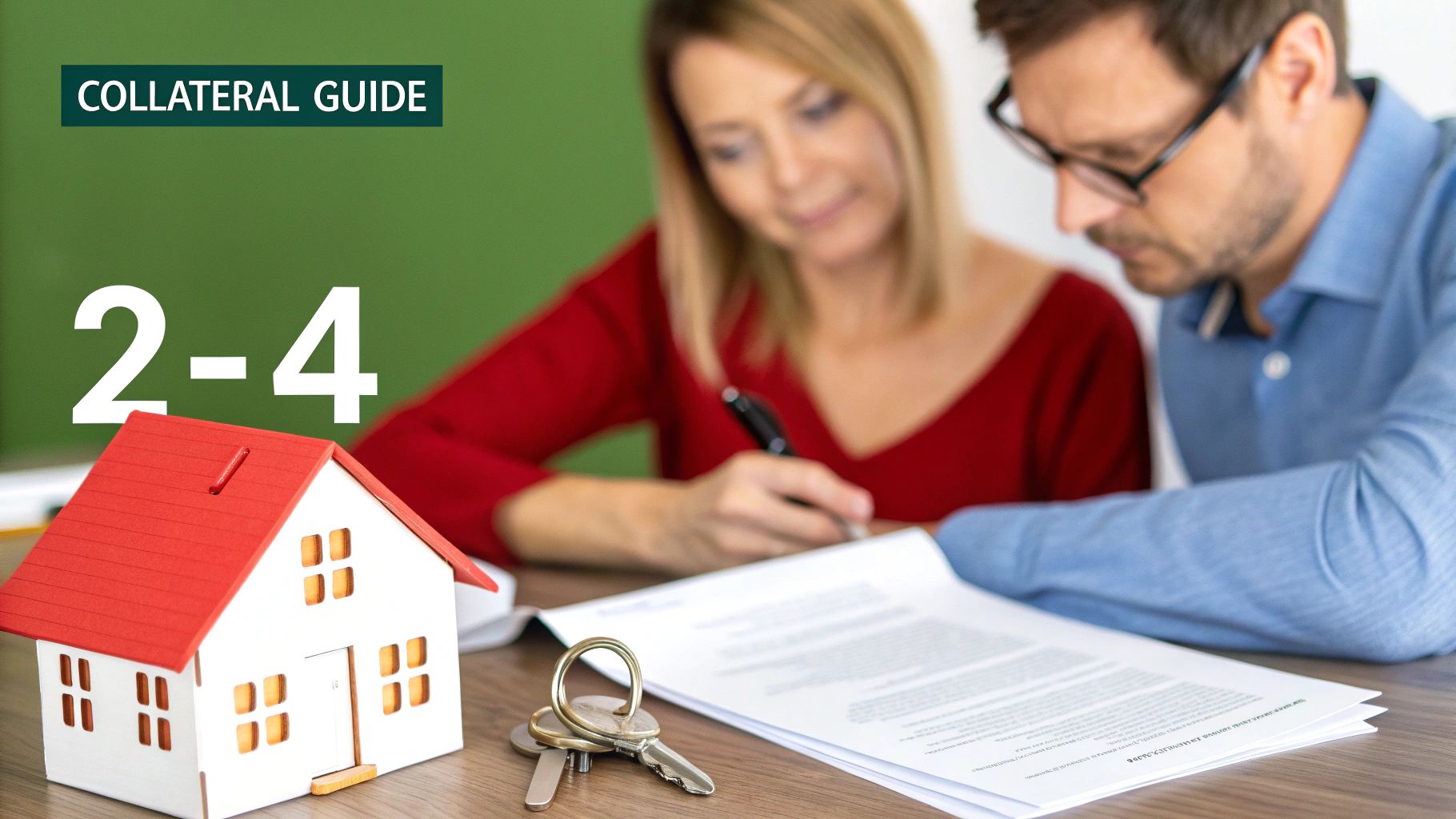 Two people signing documents with a house model, keys, and a 'Collateral Guide' banner.