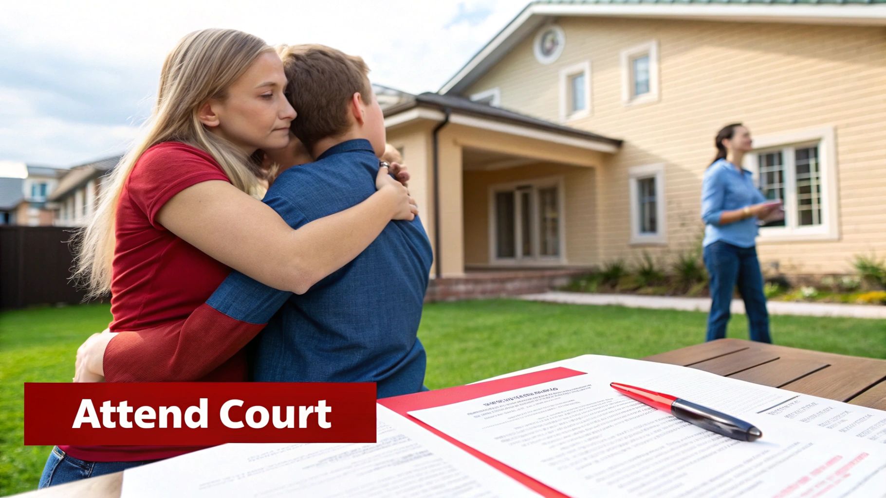 A distressed woman hugs a boy, with legal documents on a table and a house in the background.