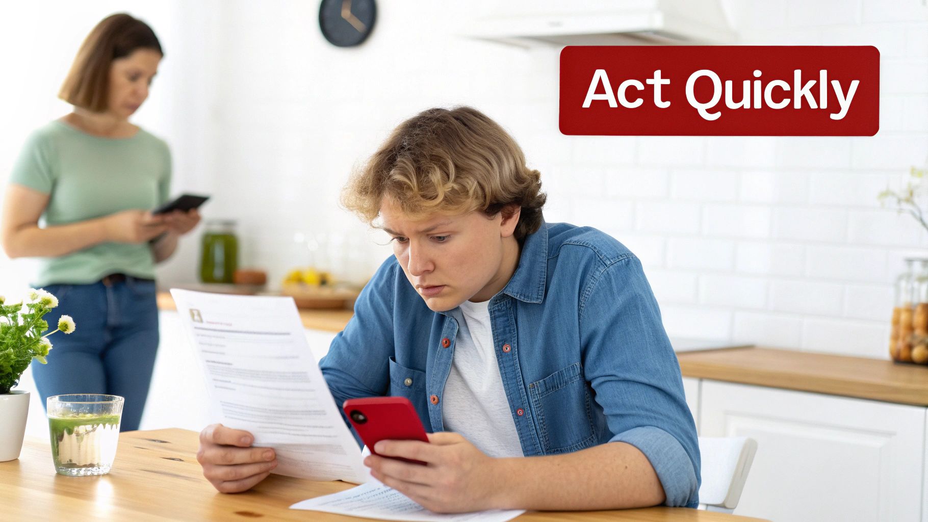A stressed young man reads a document while holding a red phone, with a woman in the background.