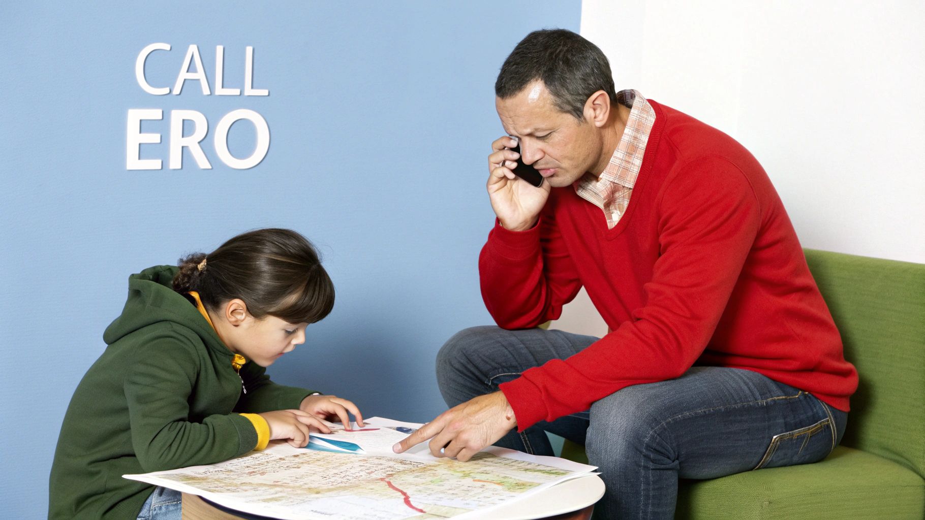 Man on phone points at documents with child, likely discussing immigration or detention information.