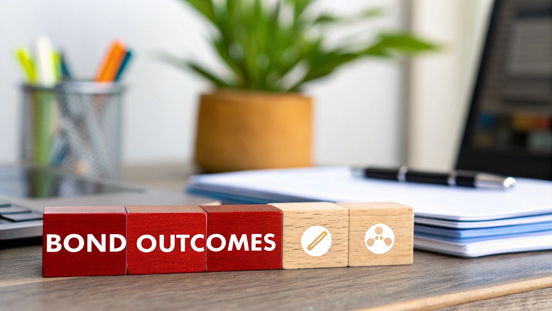 Wooden blocks spell 'BOND OUTCOMES' on a desk with office supplies, representing financial or legal results.