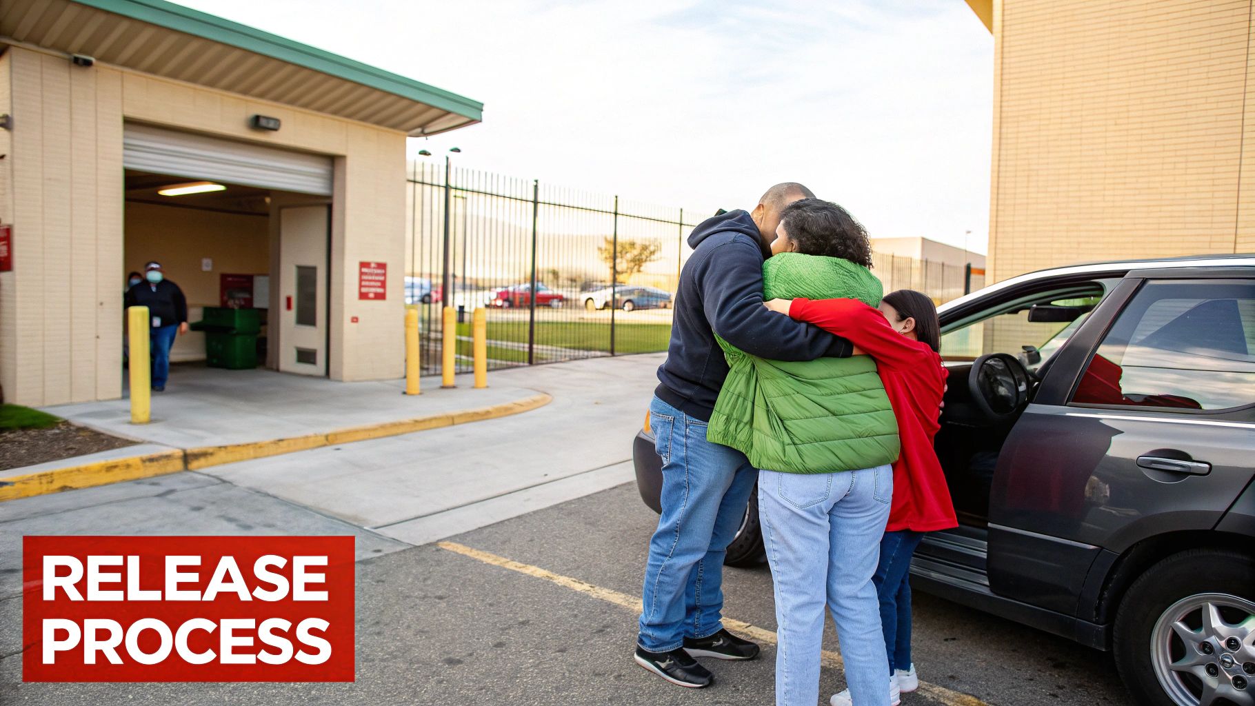 A family hugs outside a building with "RELEASE PROCESS" text, reunited after a release.