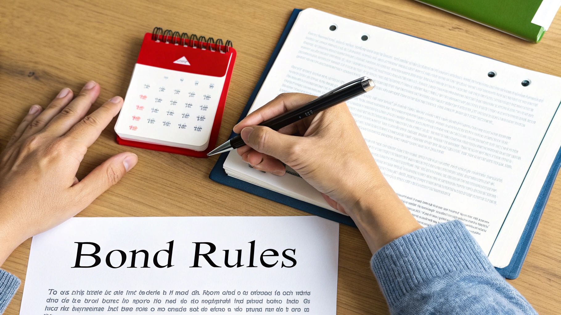 A person writing on a document titled 'Bond Rules' at a wooden desk with a red calendar.