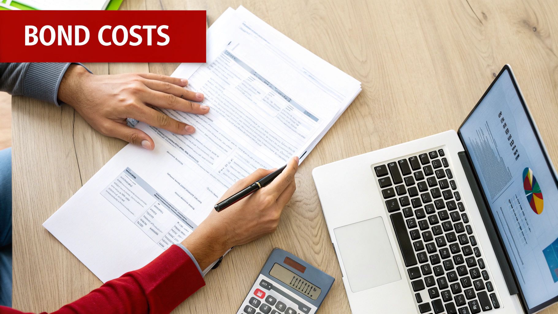 Overhead view of two people reviewing financial documents, laptop with charts, and a calculator on a wooden desk with 'BOND COSTS' banner.