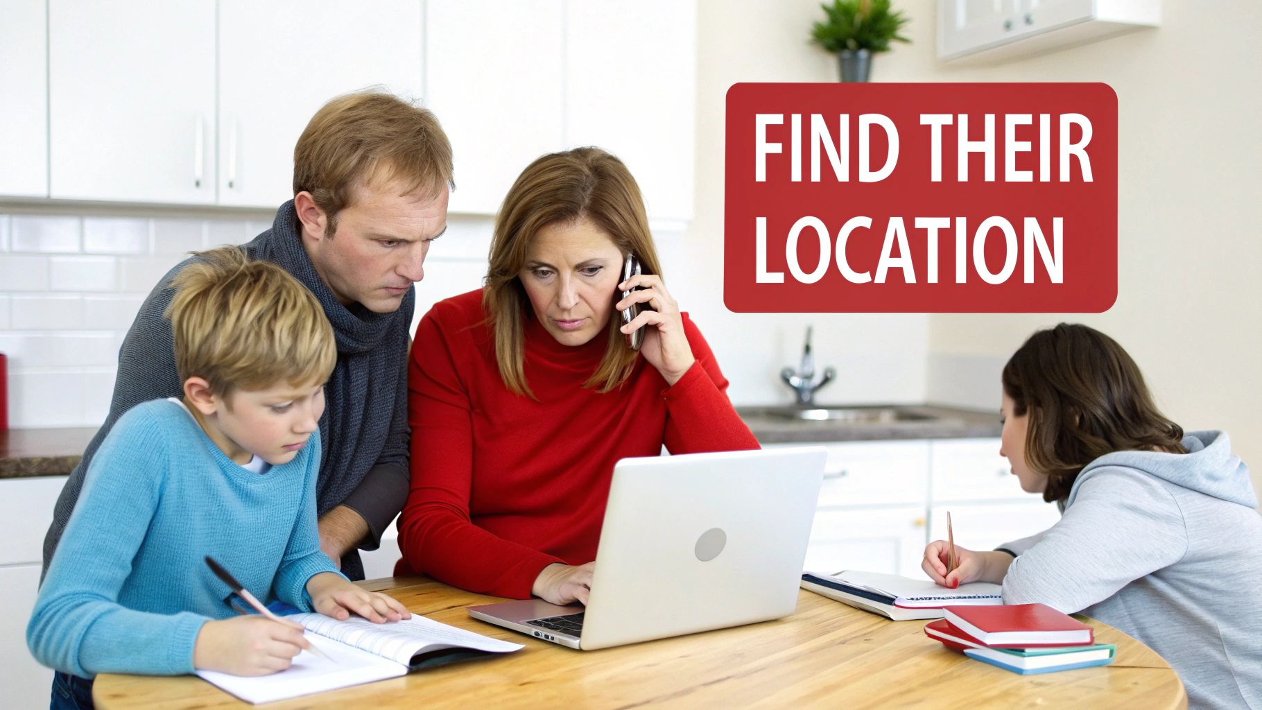 A concerned family gathers around a table, with a woman on a call and laptop, while children study.