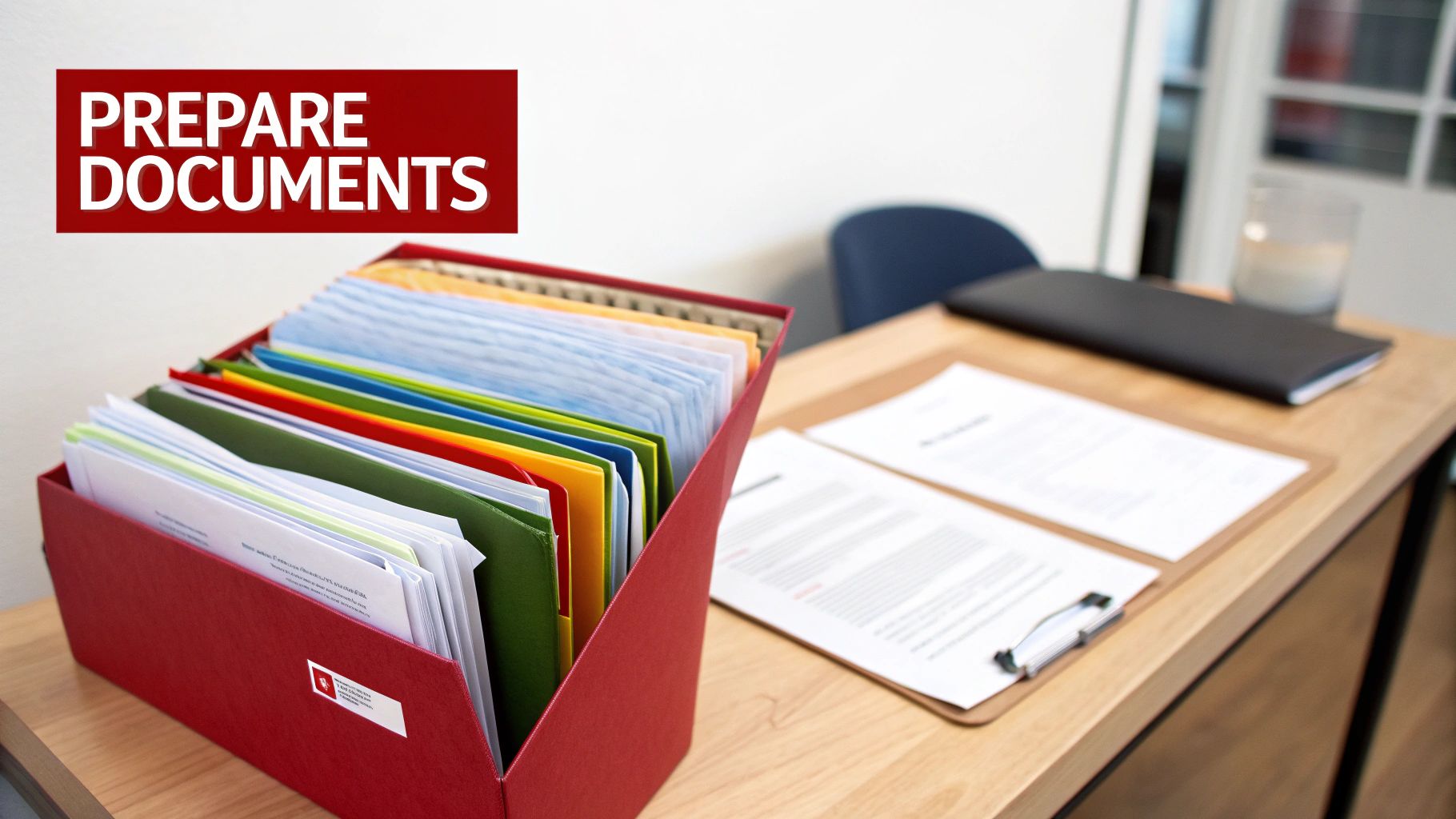 A tidy desk with a red file box full of colorful documents and papers on a clipboard, ready for preparation.