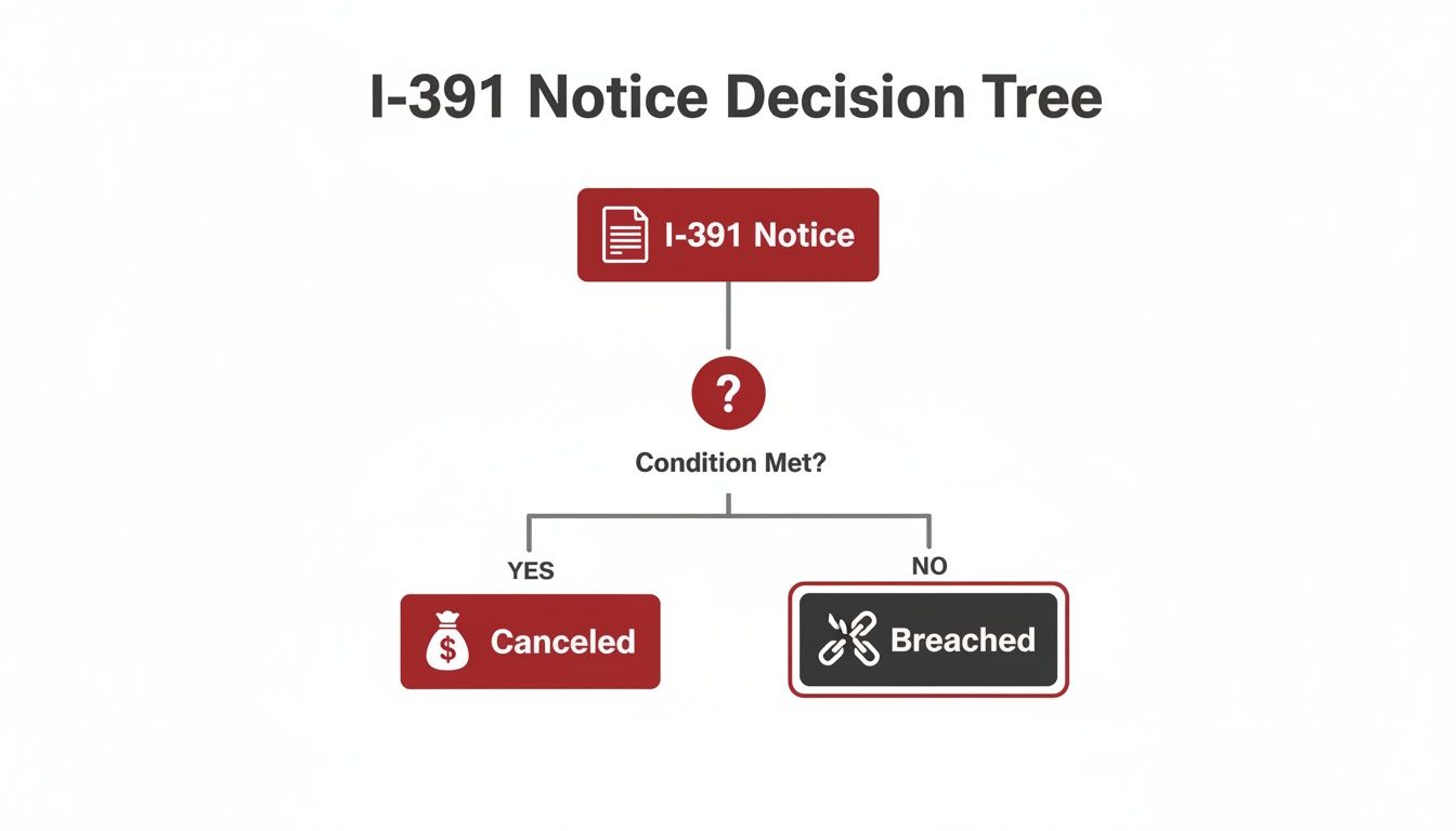 A decision tree diagram illustrating the process for an I-391 Notice, leading to 'Canceled' or 'Breached'.