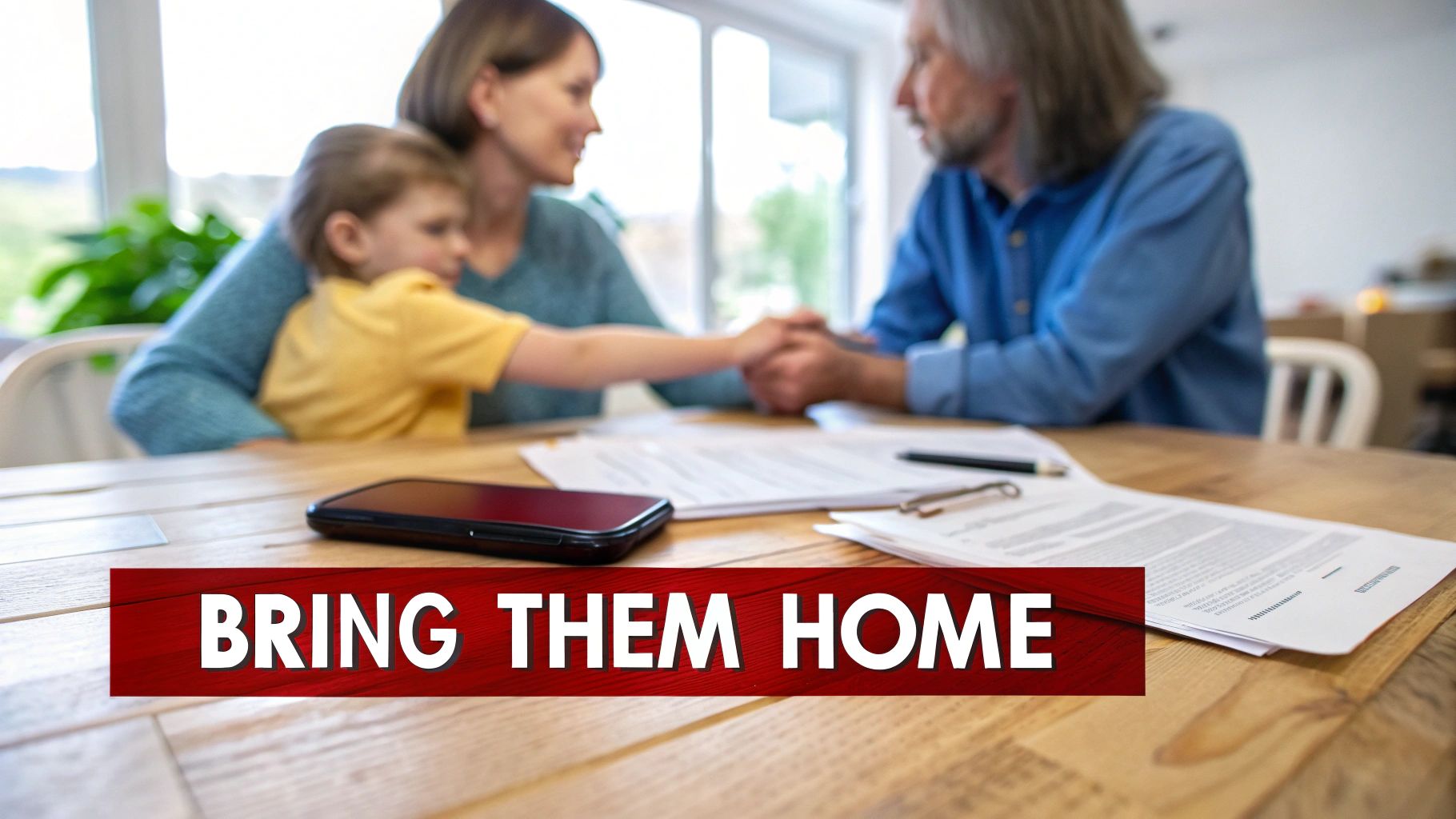 A family, including parents and a child, sit at a table with documents, shaking hands.