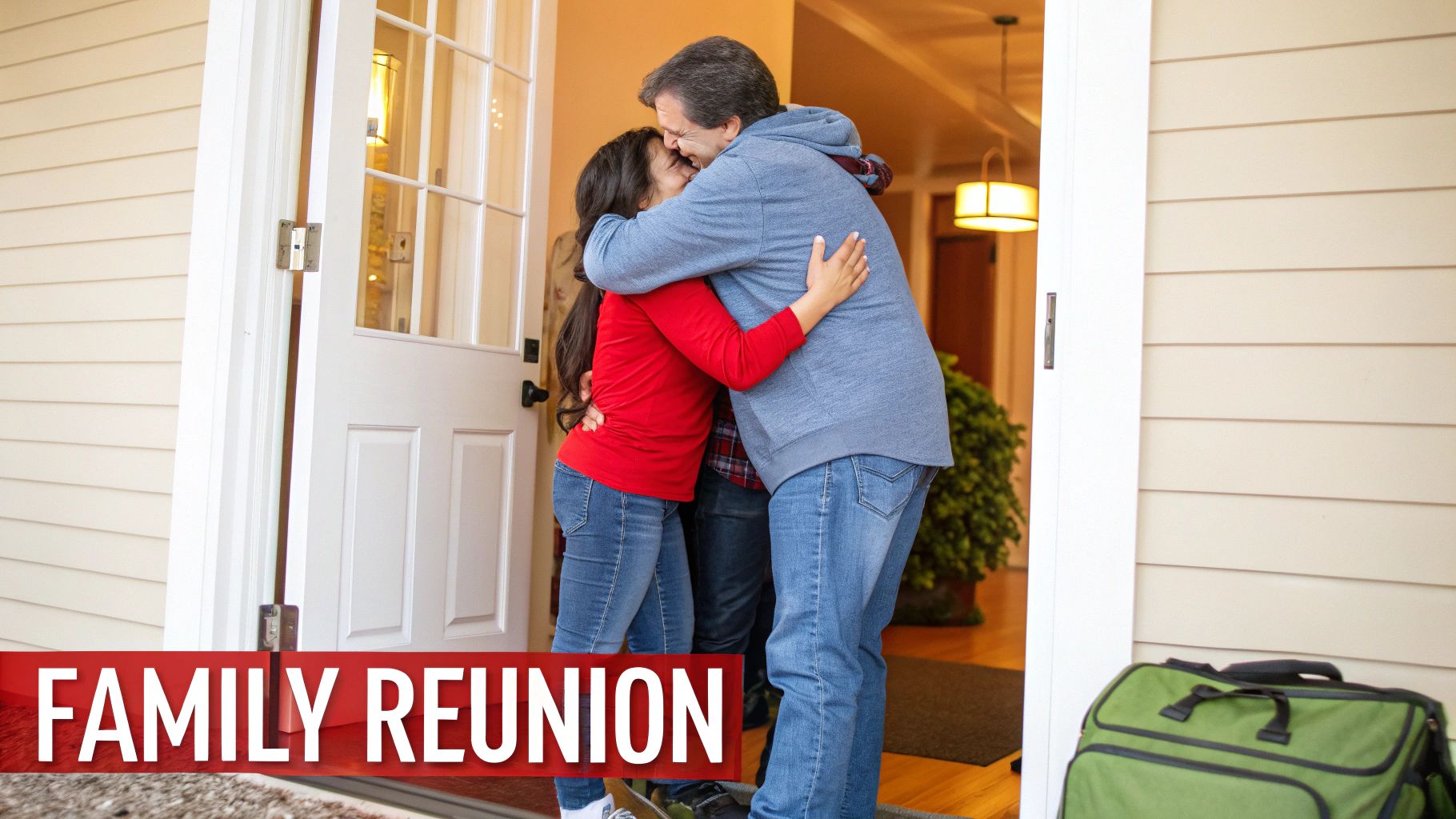 Three people embracing warmly at a home entrance, suggesting a family reunion with luggage nearby.