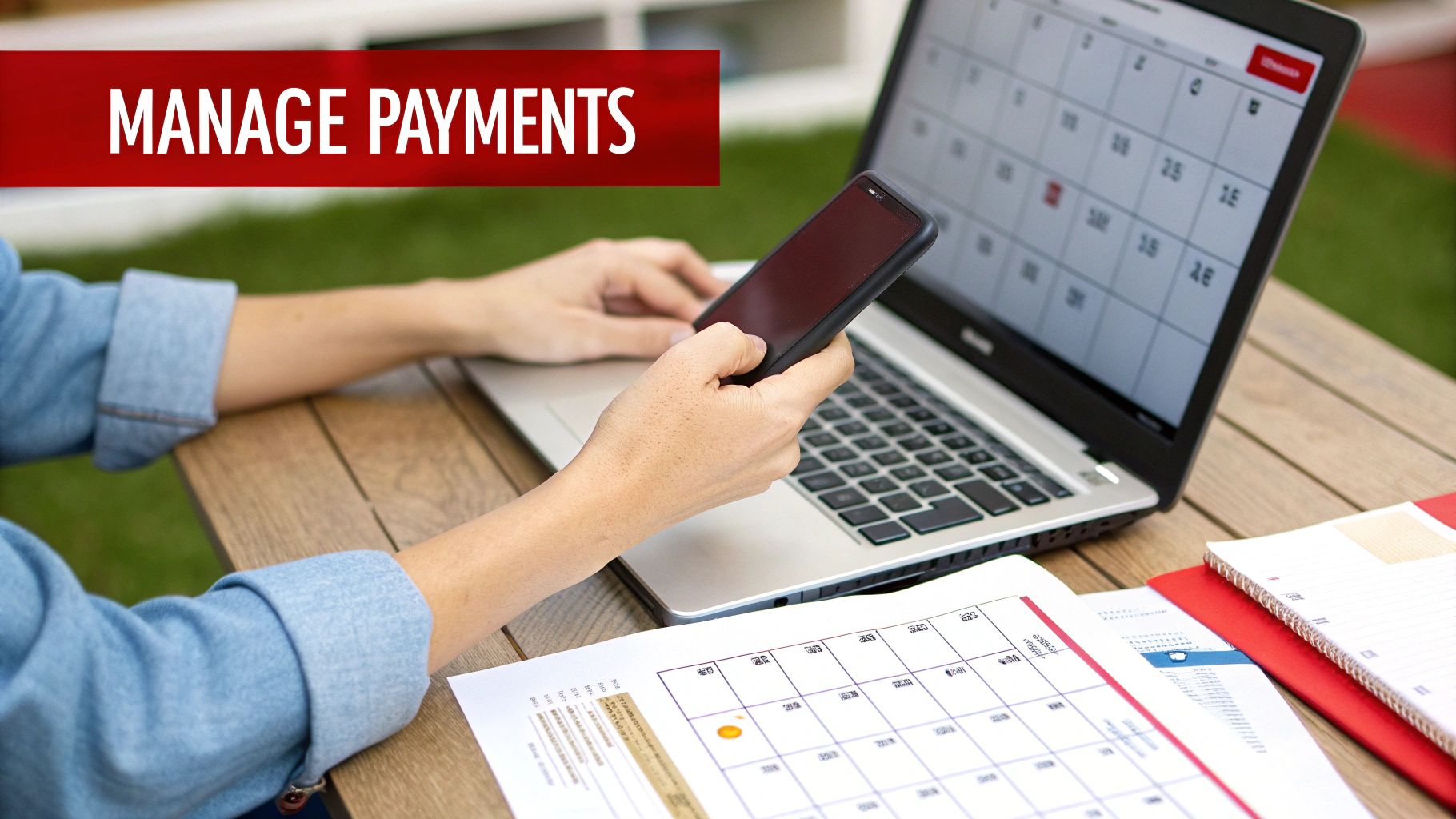 Person managing payments using a laptop, smartphone, and a paper calendar on a wooden table.