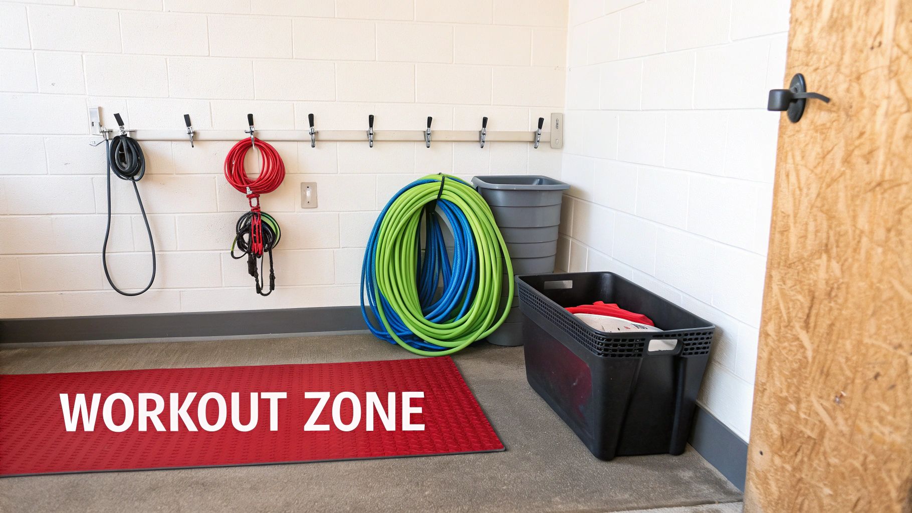A home workout zone with an exercise mat, various ropes, bands, and storage bins against a white brick wall.