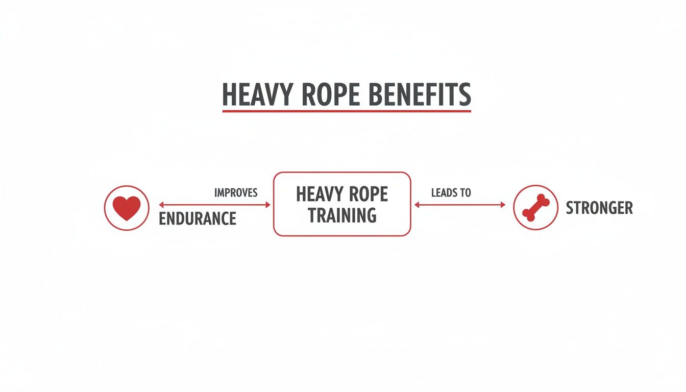Diagram showing heavy rope training benefits: improves endurance and leads to stronger bones.
