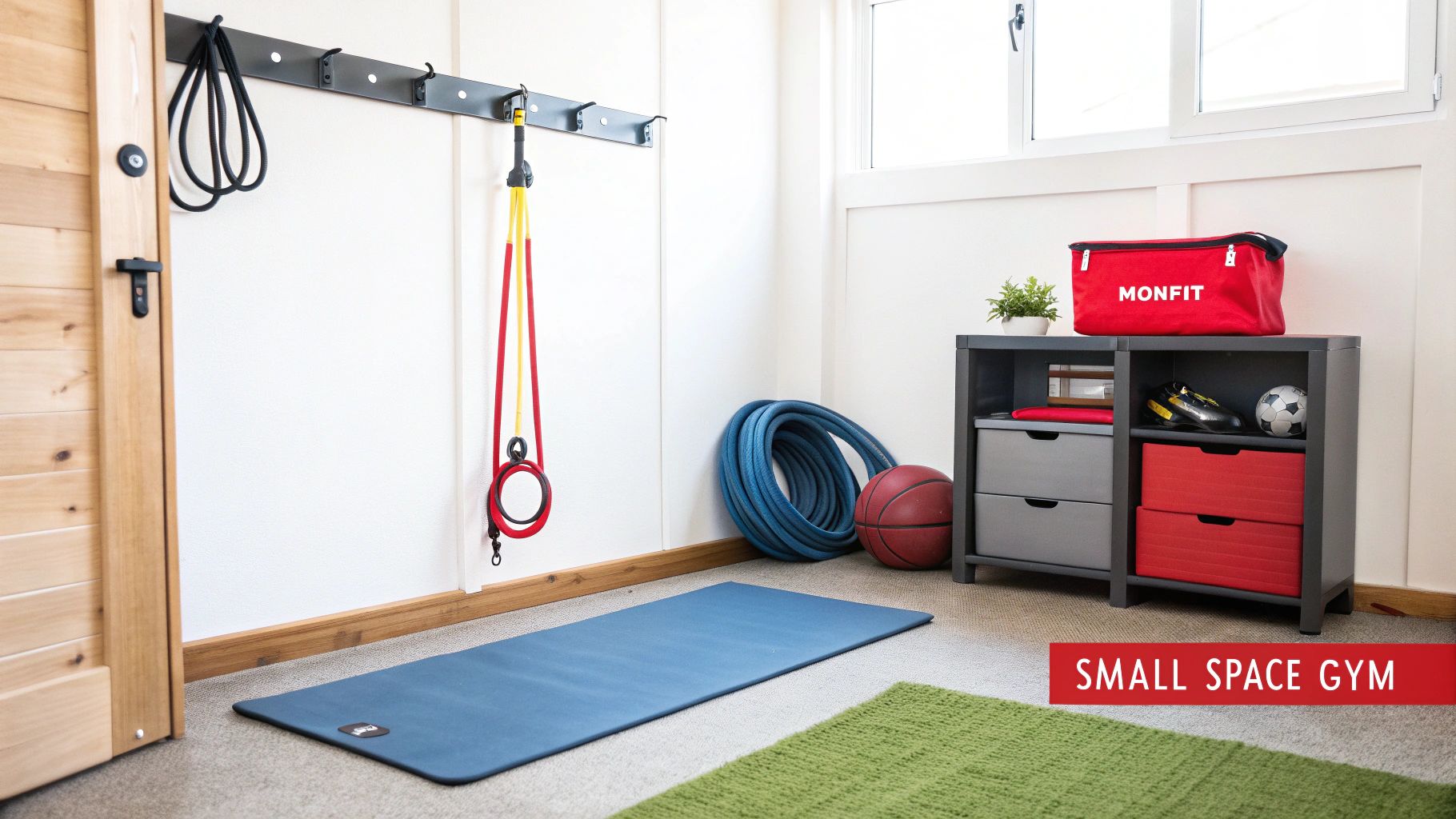 A compact home gym setup with a yoga mat, resistance bands, and a shelving unit for equipment storage.