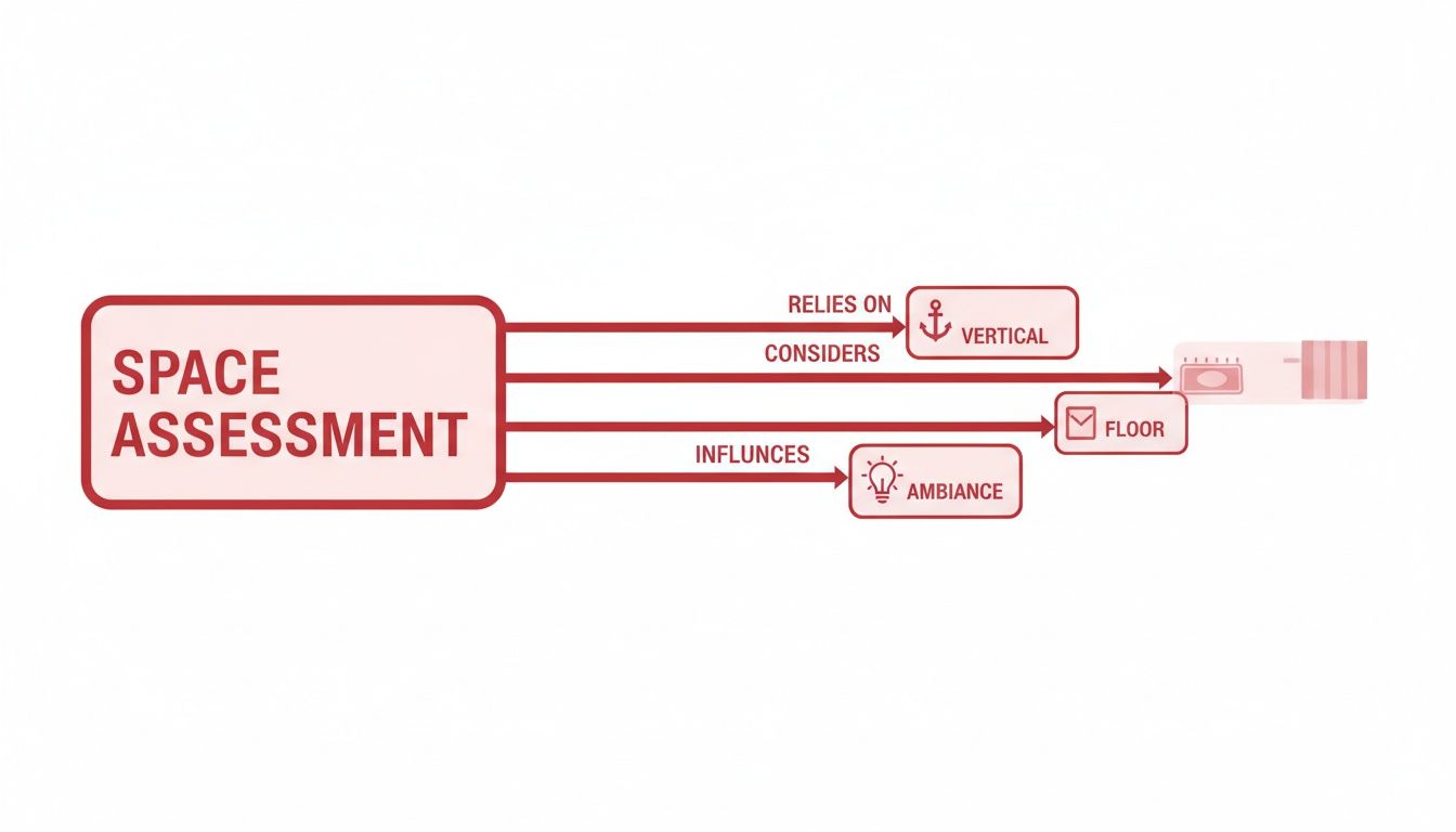 A flowchart illustrating the components of space assessment, including vertical, floor, and ambiance.