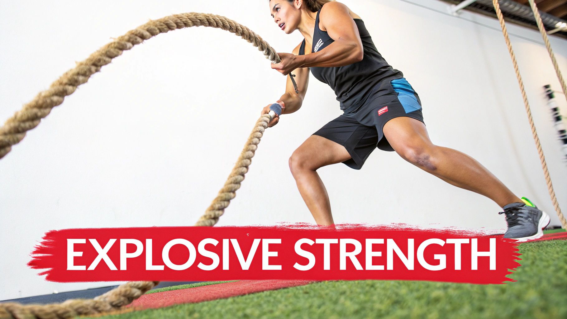 A strong woman vigorously performs a battle rope exercise in a gym, demonstrating explosive strength.