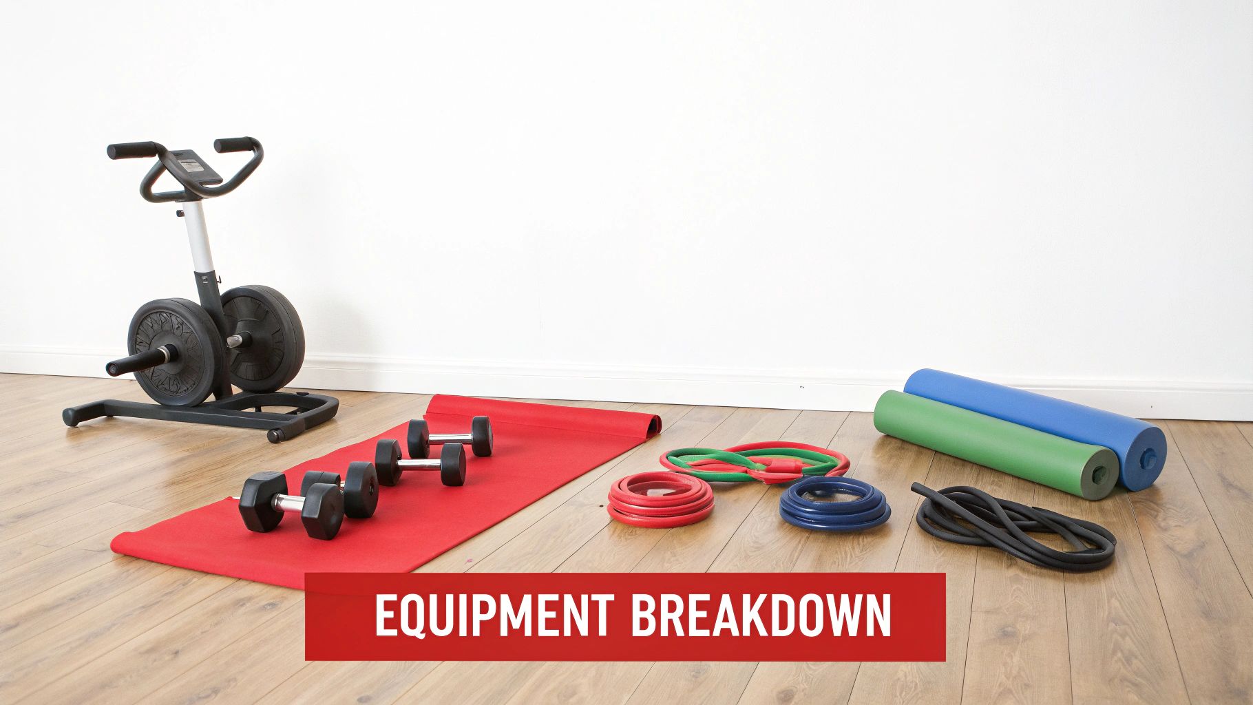 A comprehensive home gym setup with various fitness equipment like dumbbells, mats, and resistance bands.