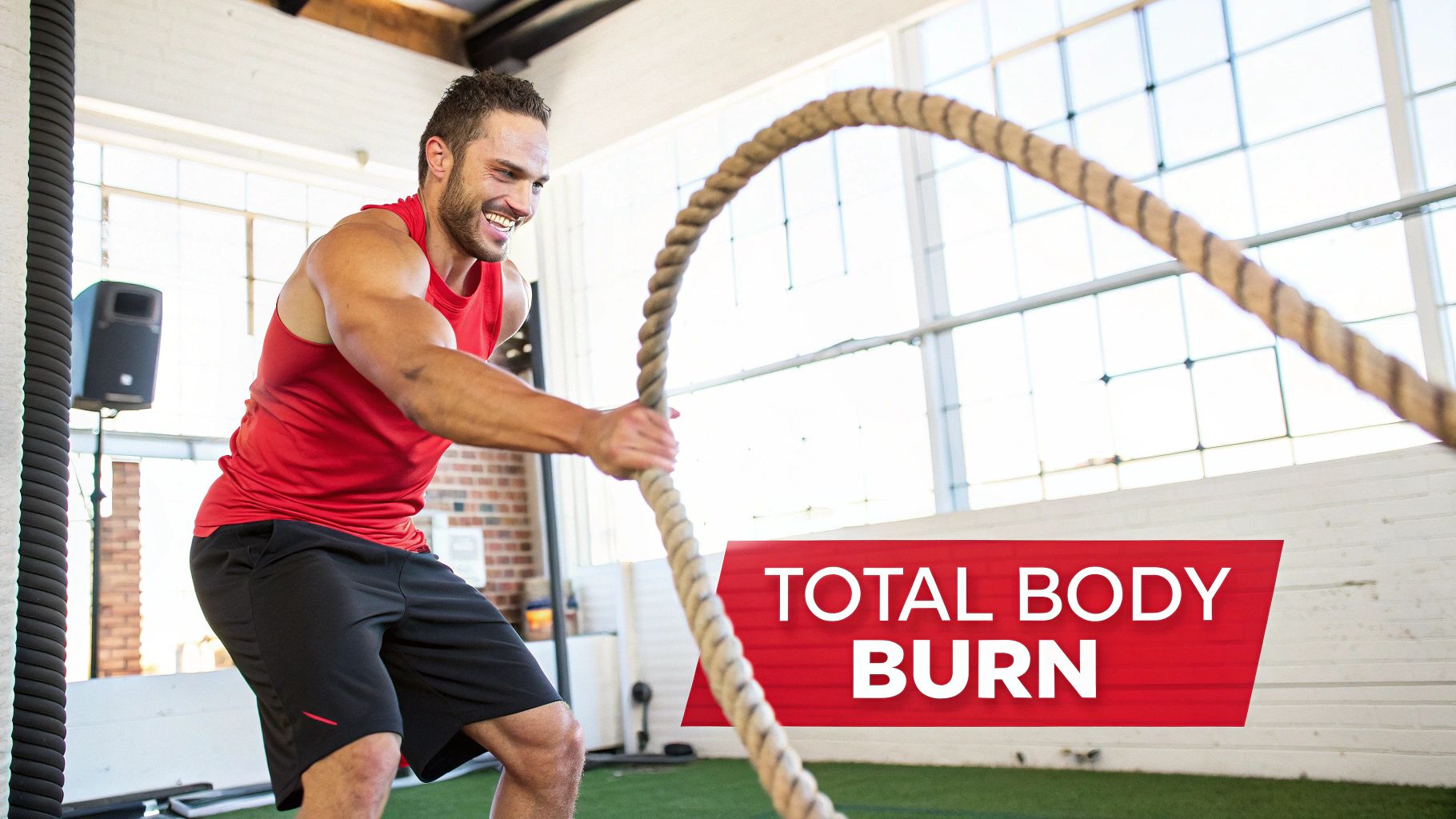 A smiling, muscular man in a red tank top vigorously exercises with battle ropes in a gym.
