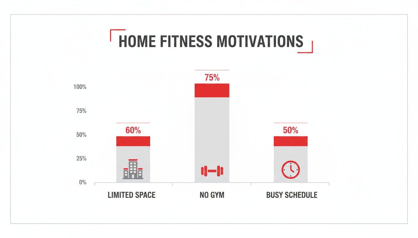Bar chart illustrating home fitness motivations: 75% for no gym, 60% limited space, 50% busy schedule.