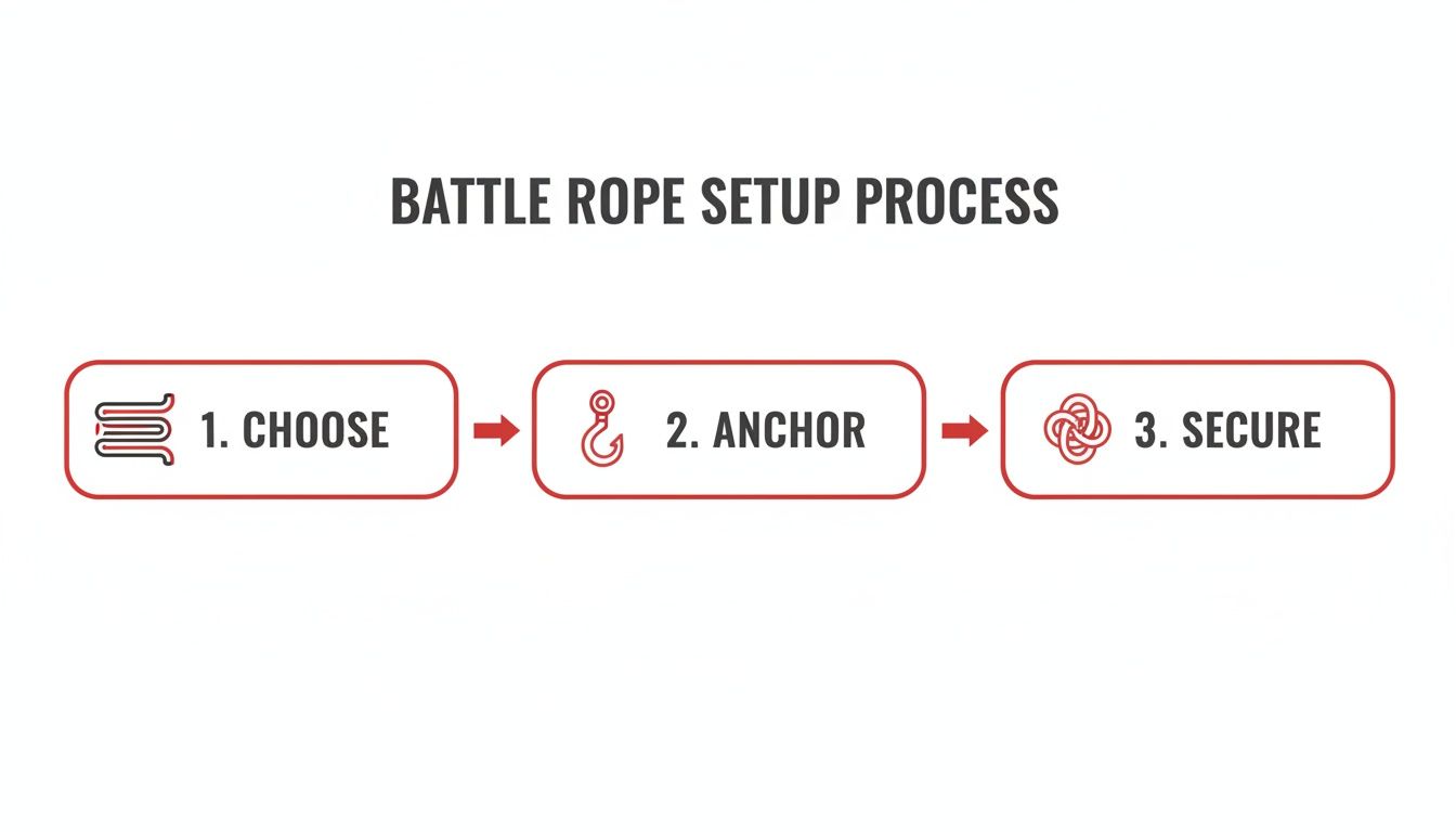 Infographic showing the three-step battle rope setup process: choose, anchor, and secure.