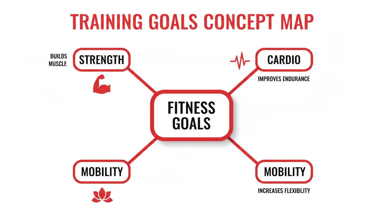 Concept map illustrating fitness goals: strength, cardio, and mobility (flexibility), with associated benefits.