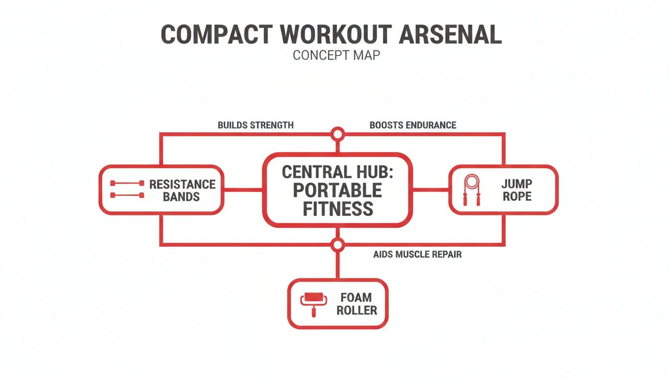 Concept map showing portable fitness tools: resistance bands, jump rope, and foam roller.
