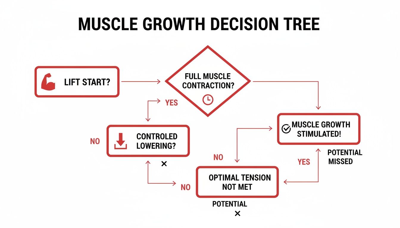 Decision tree for muscle growth outlining steps like lift start, full contraction, and controlled lowering.