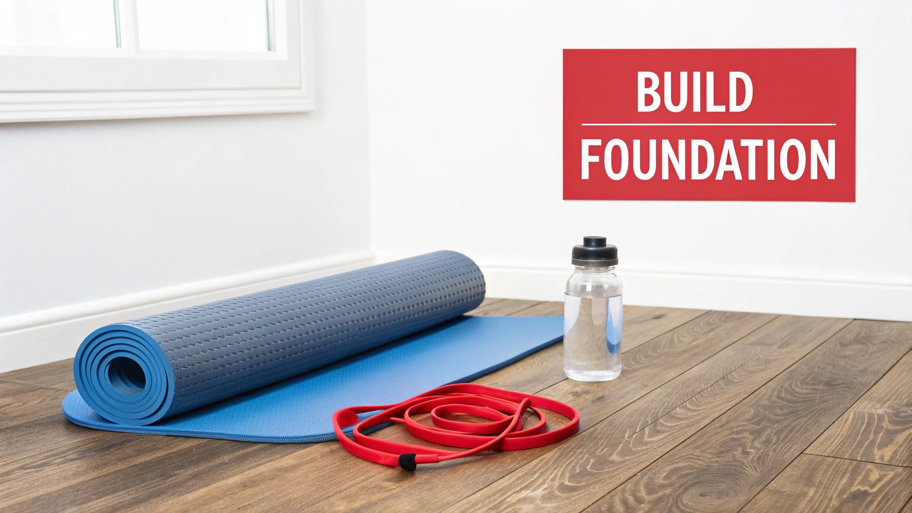 Yoga mat, resistance band, and water bottle on a wooden floor, next to a 'BUILD FOUNDATION' sign.