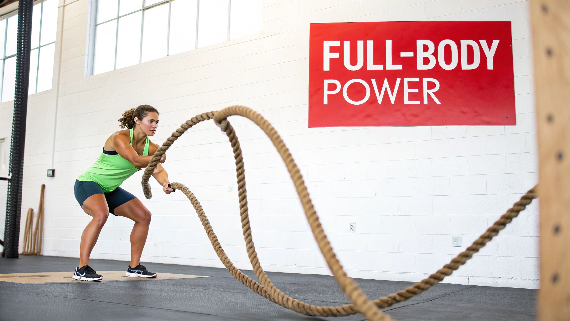 A woman intensely performs a battle rope exercise in a gym with a 'FULL-BODY POWER' sign.