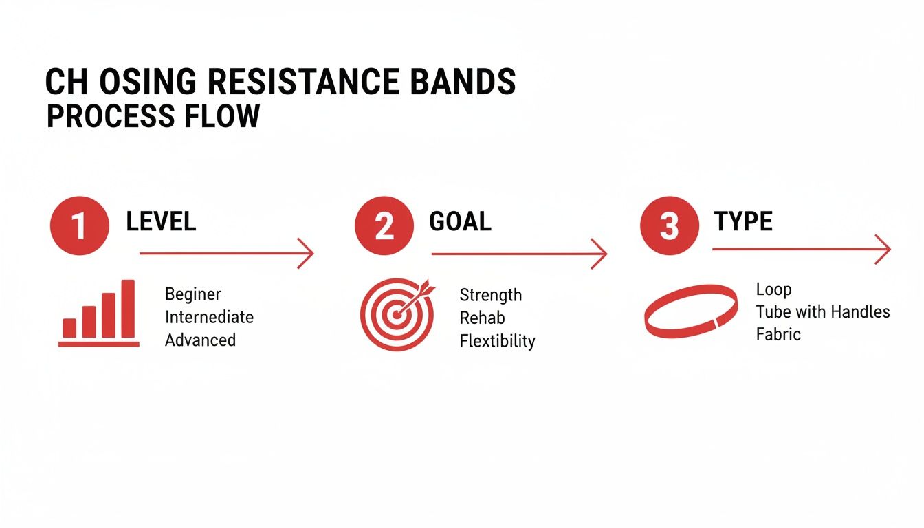 A flow chart explaining how to choose resistance bands based on level, goal, and type.