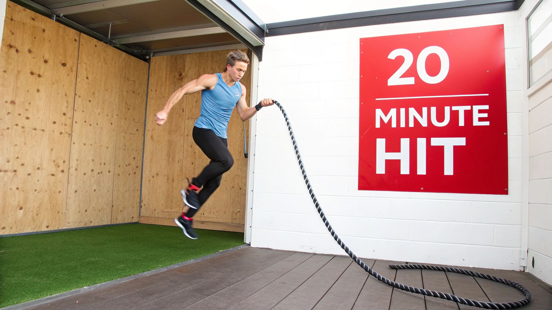 A man in athletic wear jumps while exercising with a battle rope in a gym facility.
